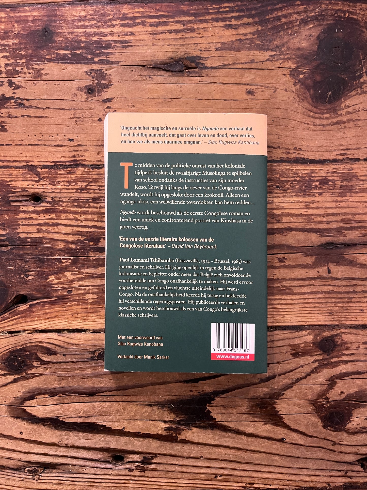 Achterkant van boek met de titel 'Ngando' door Paul Lomami Tshibamba op een houten achtergrond