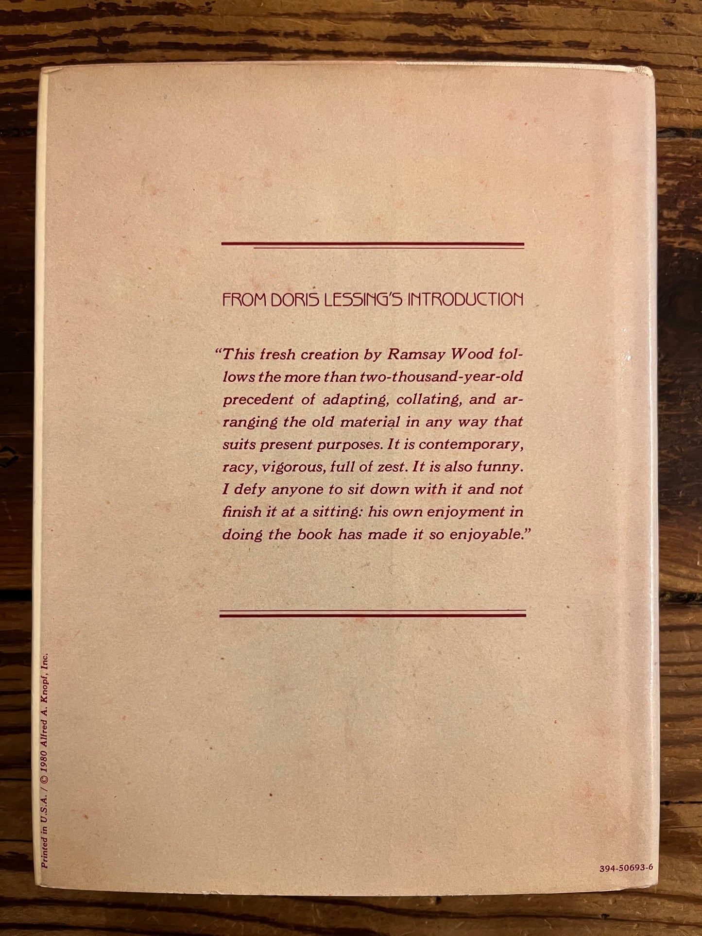 Back cover with dust-jacket  of Book titled 'Kalila and Dimna, selected Fable of Bidpai' retold by Ramsay Wood