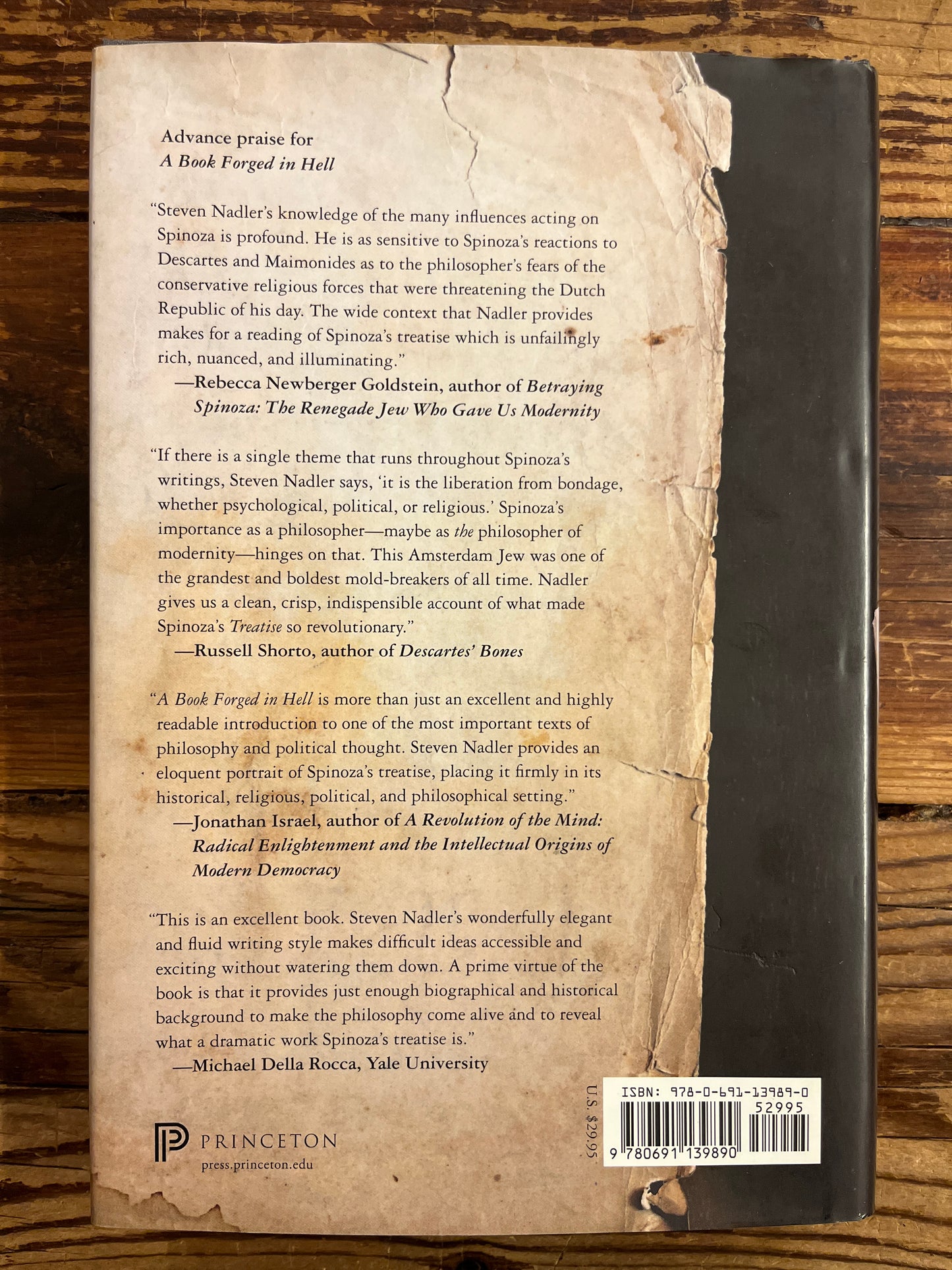 Back cover of book titled 'A Book Forged in Hell' by Steven Nadler on a wooden surface