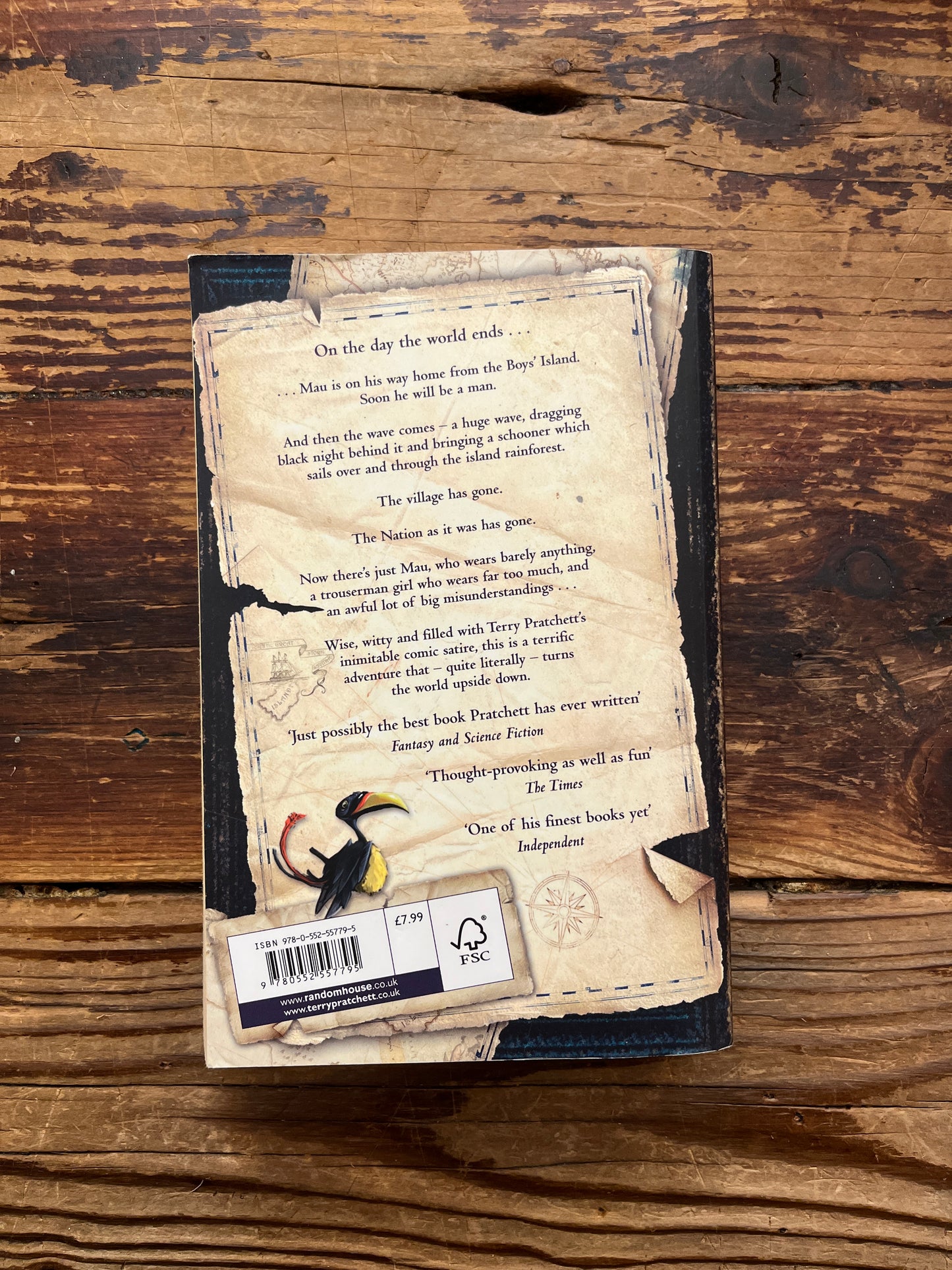 Back cover of book titled 'Nation' by Terry Pratchett on a wooden surface