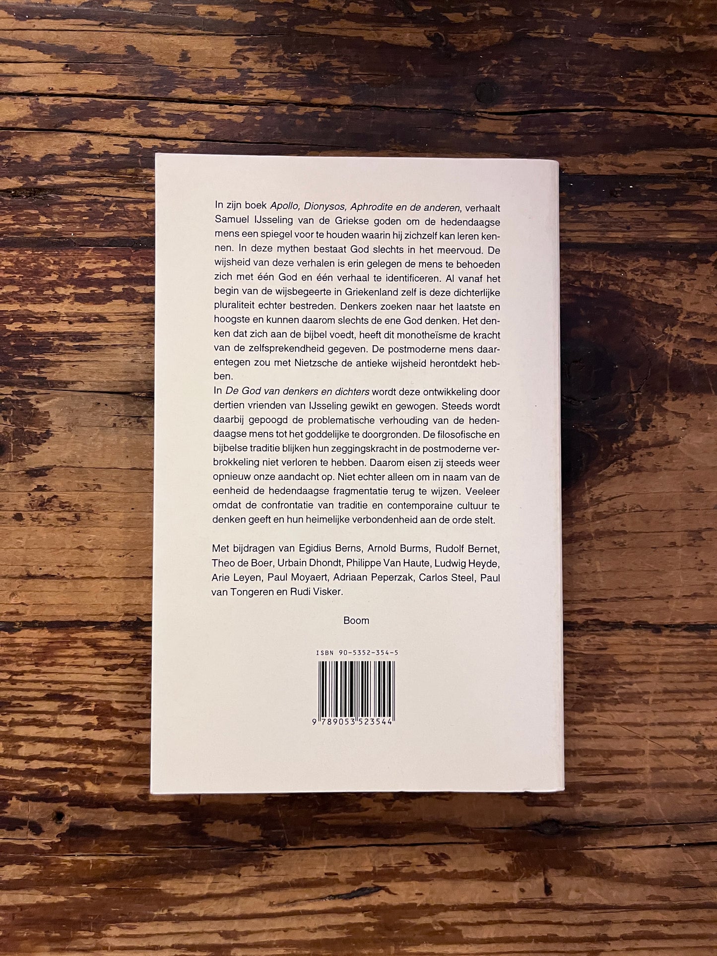 foto van de cover van "de god van denkers en dichters" op een houte achtergrond