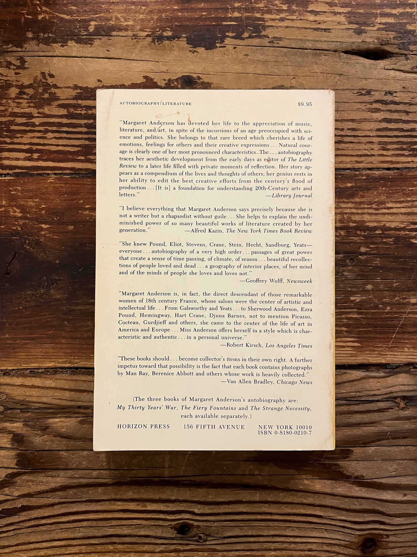 Book with the title 'My Thirty Years' War' by Margaret Anderson on a wooden surface