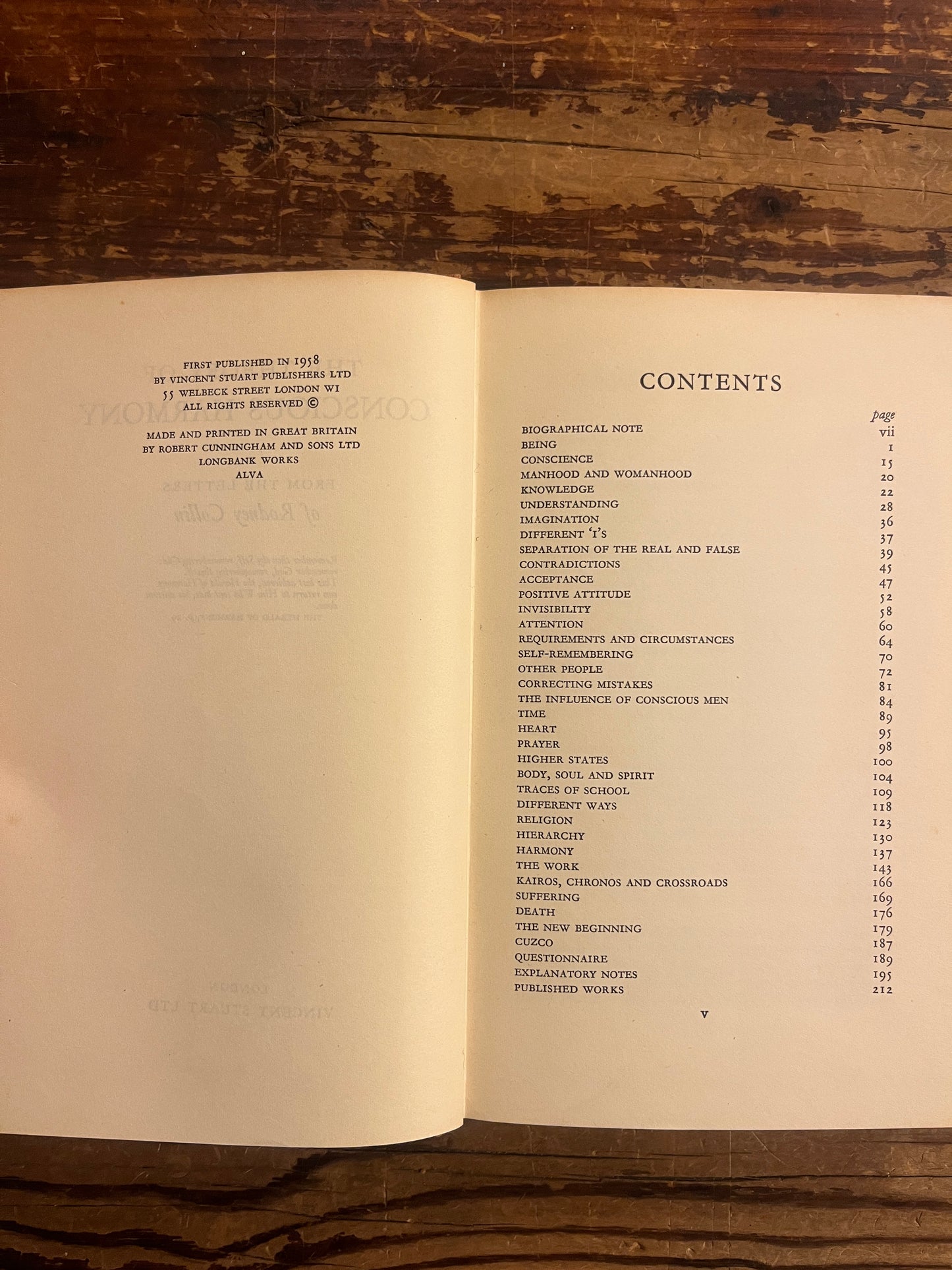 Open book on a wooden surface showing the contents of the book