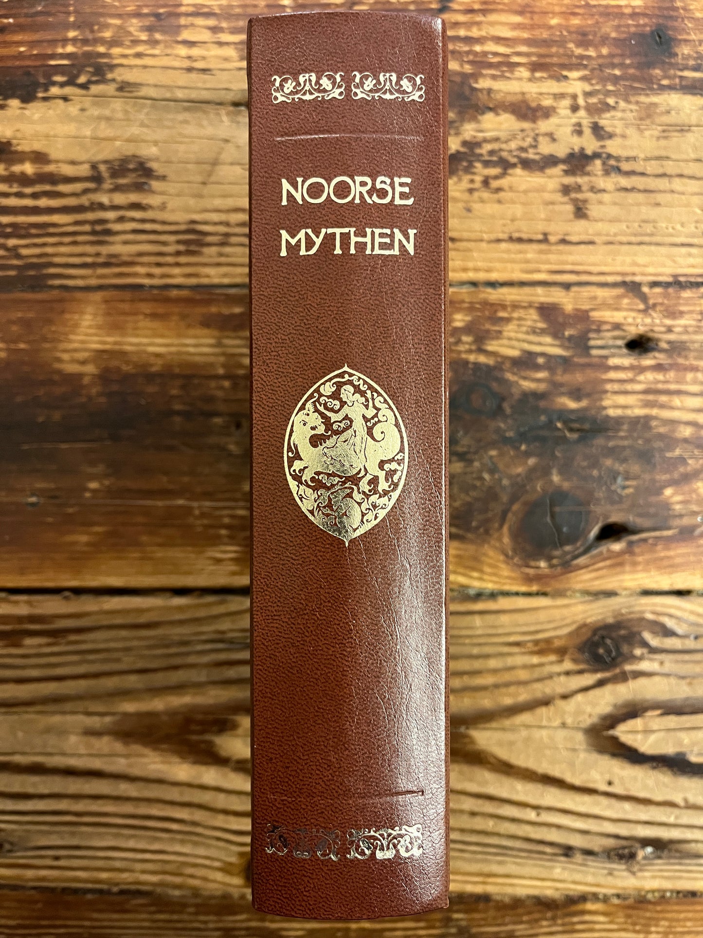 Spine of a brown book with embossed design and text on a wooden surface