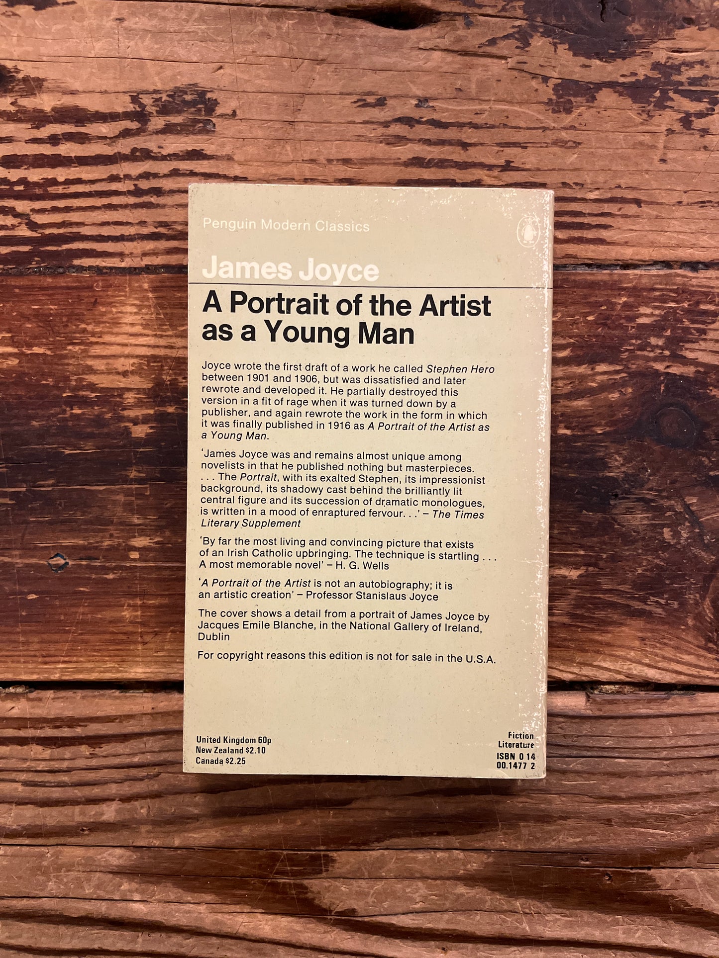 Back cover of book titled 'A Portrait of the Artist as a Young Man' by James Joyce on a wooden surface