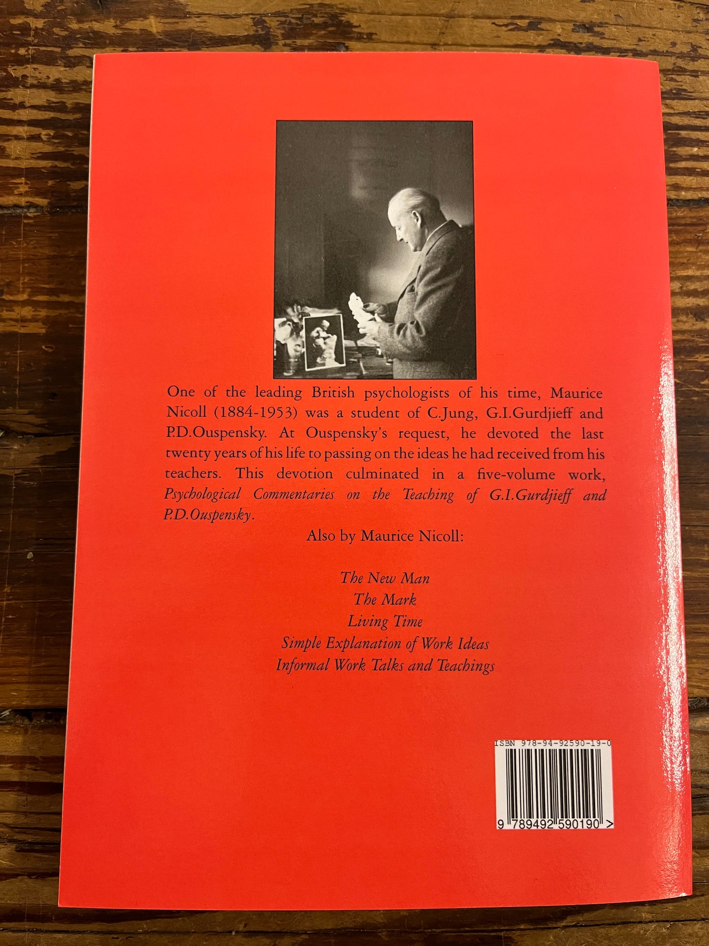 Back cover of book on a wooden surface
