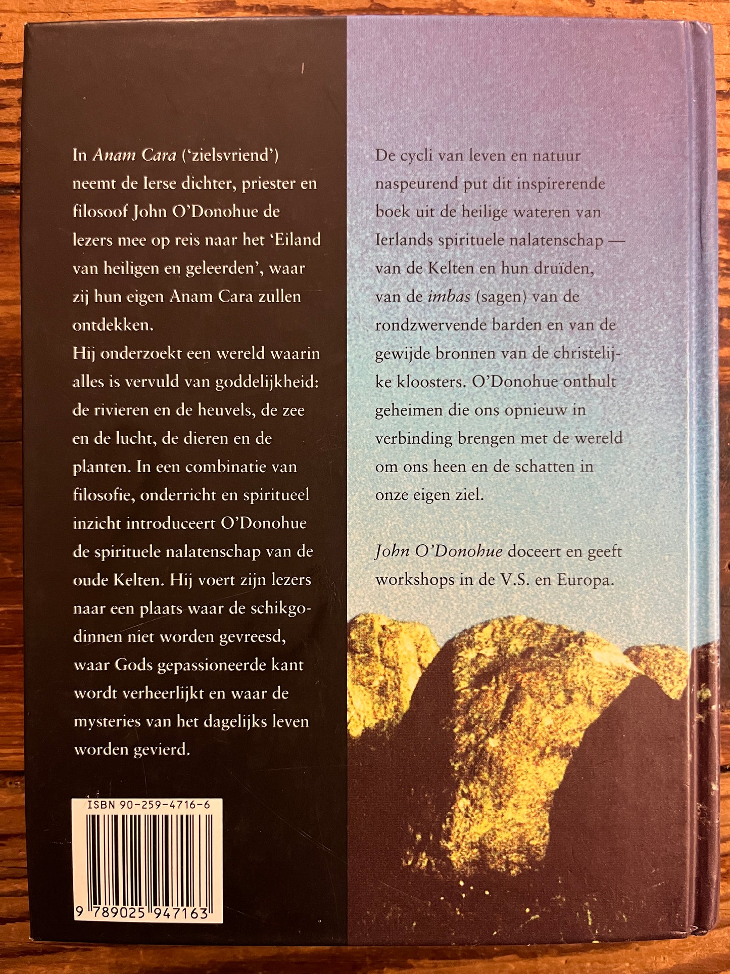Achterkant van een boek met de titel 'Anam Cara: Mystiek uit de Keltische wereld' door John O'Donohue op een houten achtergrond