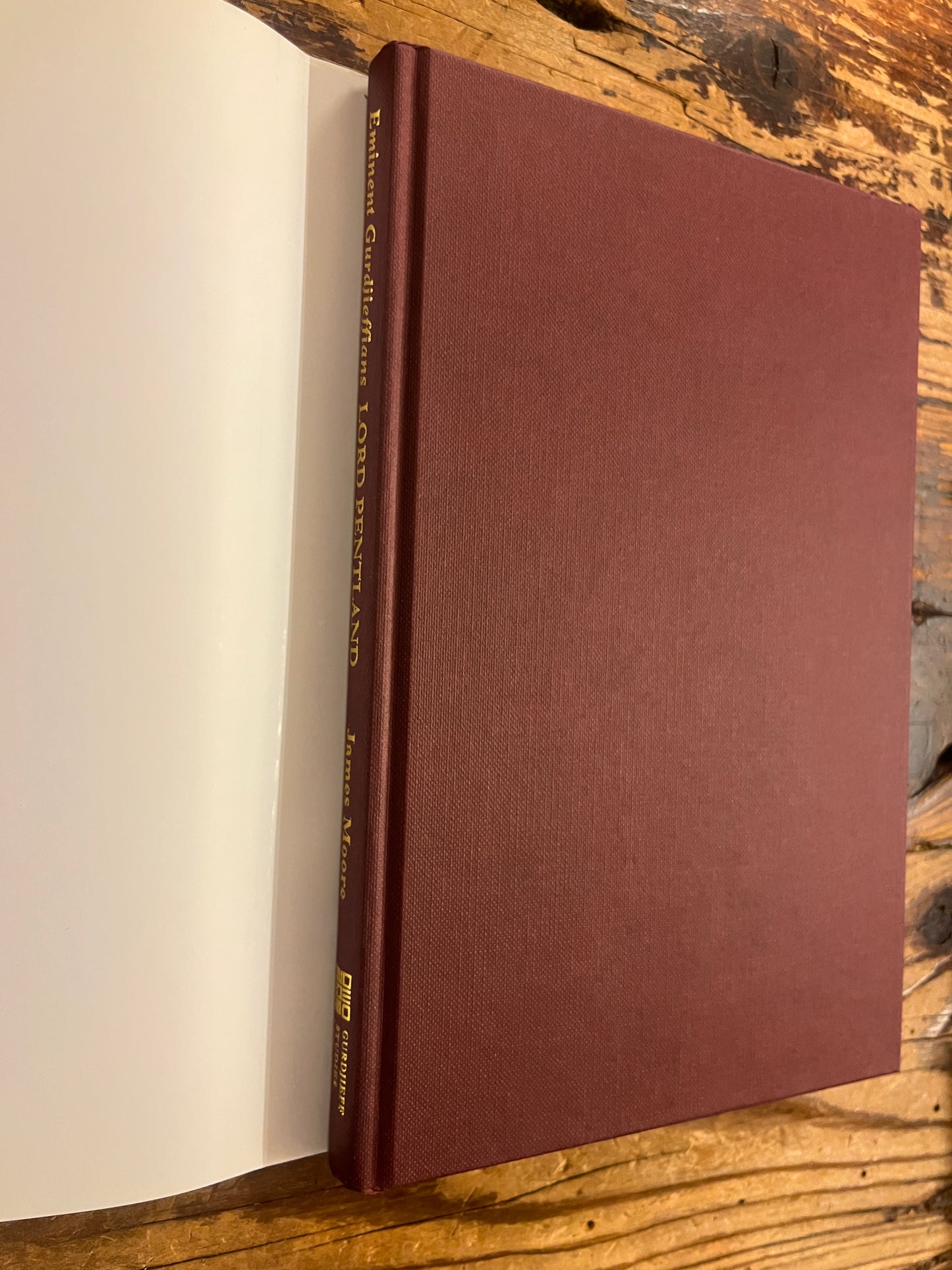 Cloth part of the book on a wooden surface with visible text