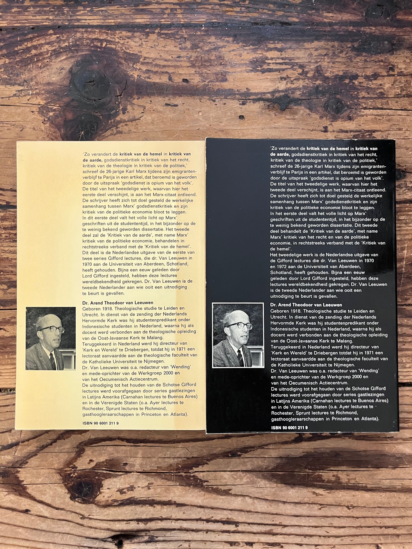 foto van de omslag van de boeken "klritiek van de hemel en aarde 1&2" op houten achtergrond