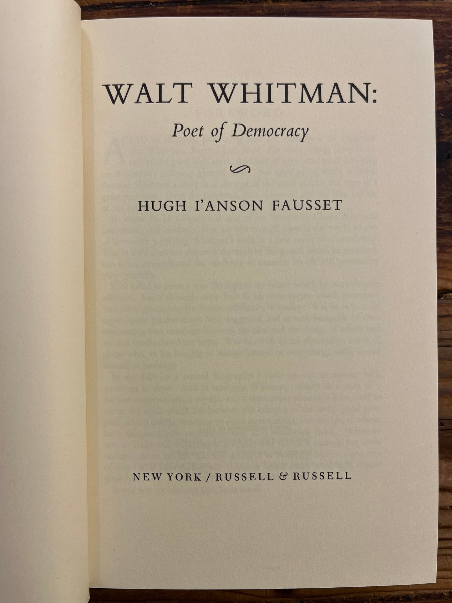 Walt Whitman: Poet of Democracy, Hugh I'Anson Fausset