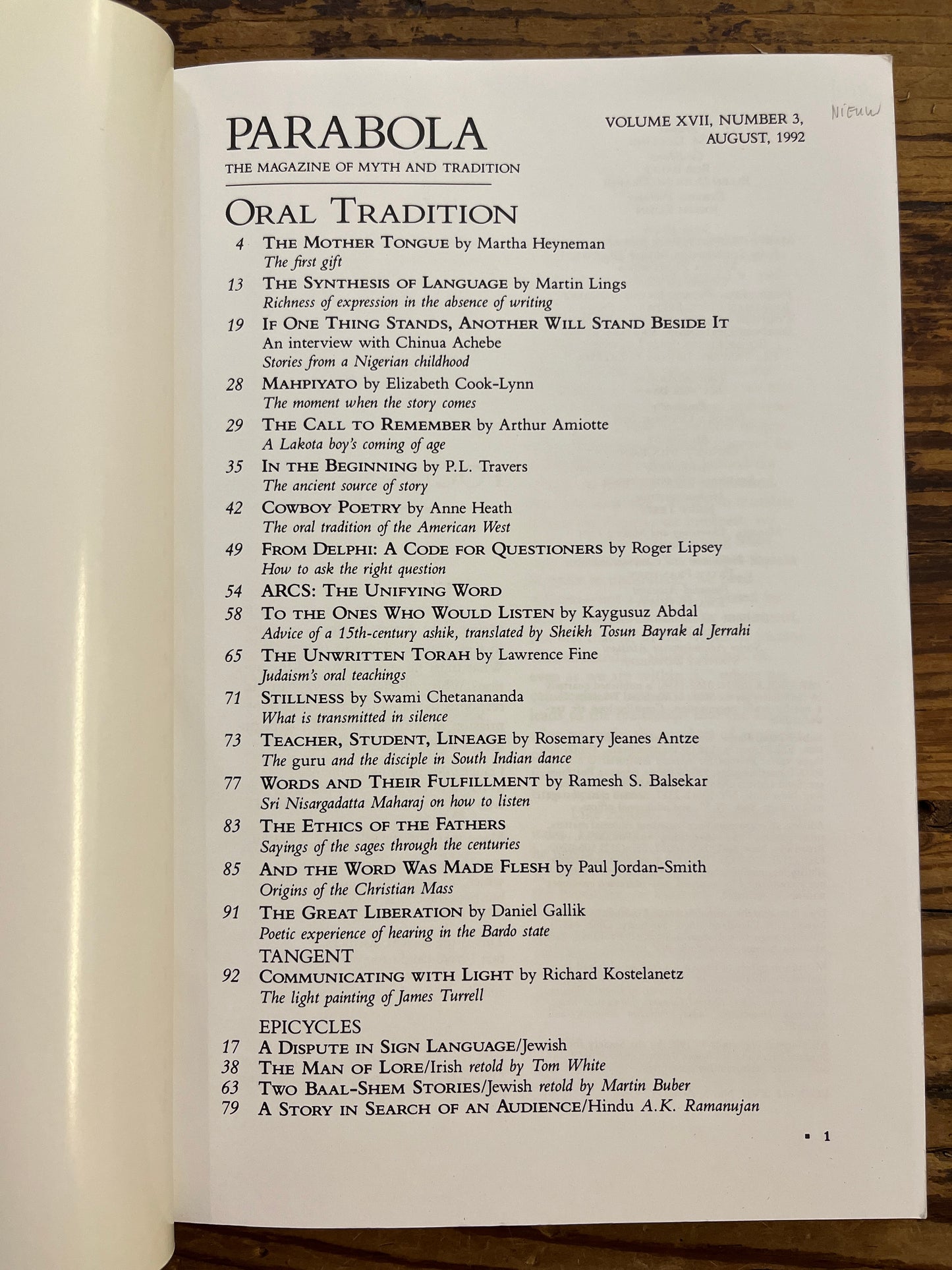 Parabola, The oral tradition, Volume XVII, Number 3
