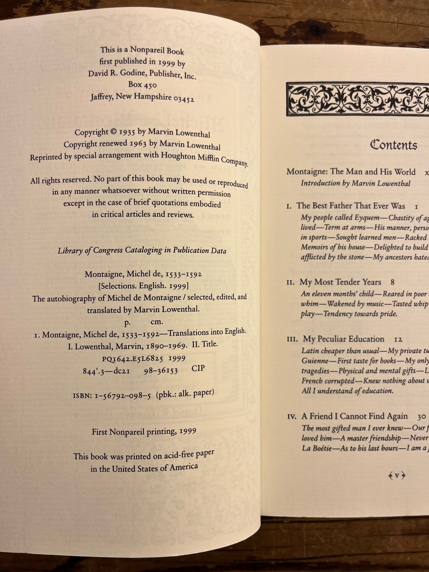 The autobiography of Michel de Montaigne translated, edited and introduced by Marvin Lowenthal