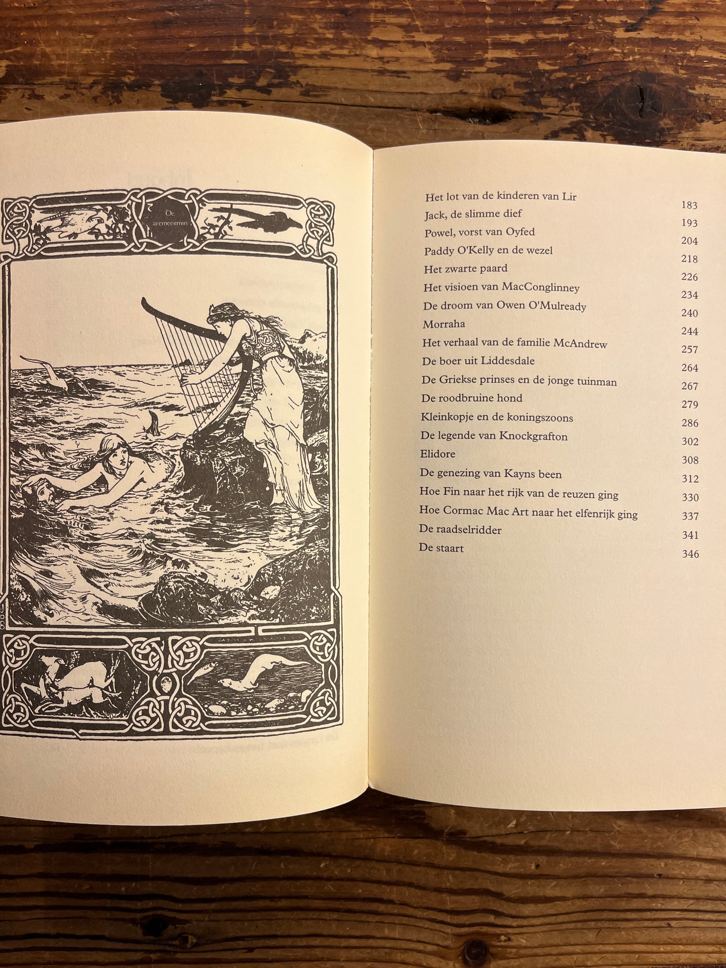 Open boek 'Keltische mythen en sagen' met een zwart wit illustratie op houten achtergrond