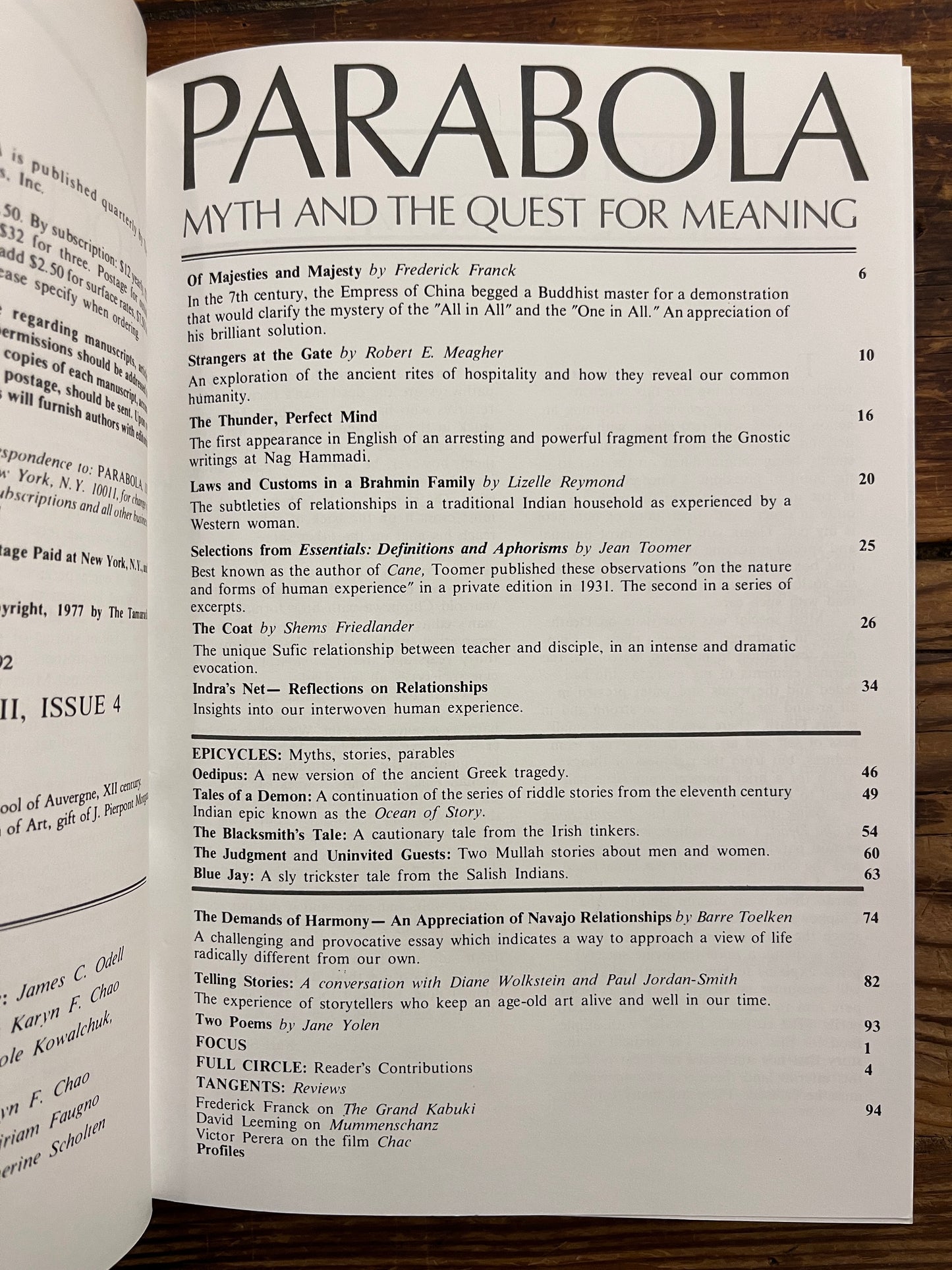 Parabola, Myth and the Quest for meaning, Volume II, Number 4