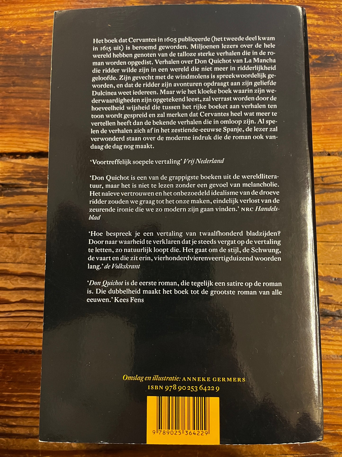 Achterkant omslag van boek met de titel 'Don Quichot' door Miguel de Cervantes