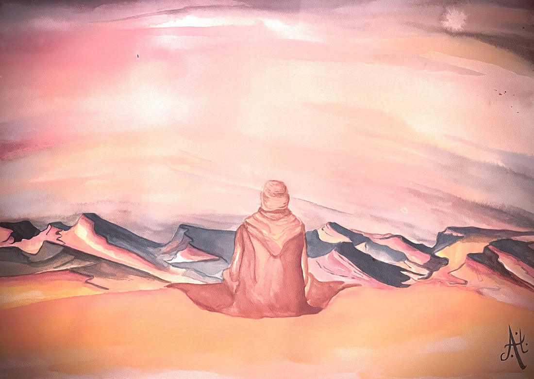 painting of a person viewed from the back in a desert landscape, painting made by Anaël Tromp with wather colours 