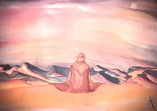 painting of a person viewed from the back in a desert landscape, painting made by Anaël Tromp with wather colours 