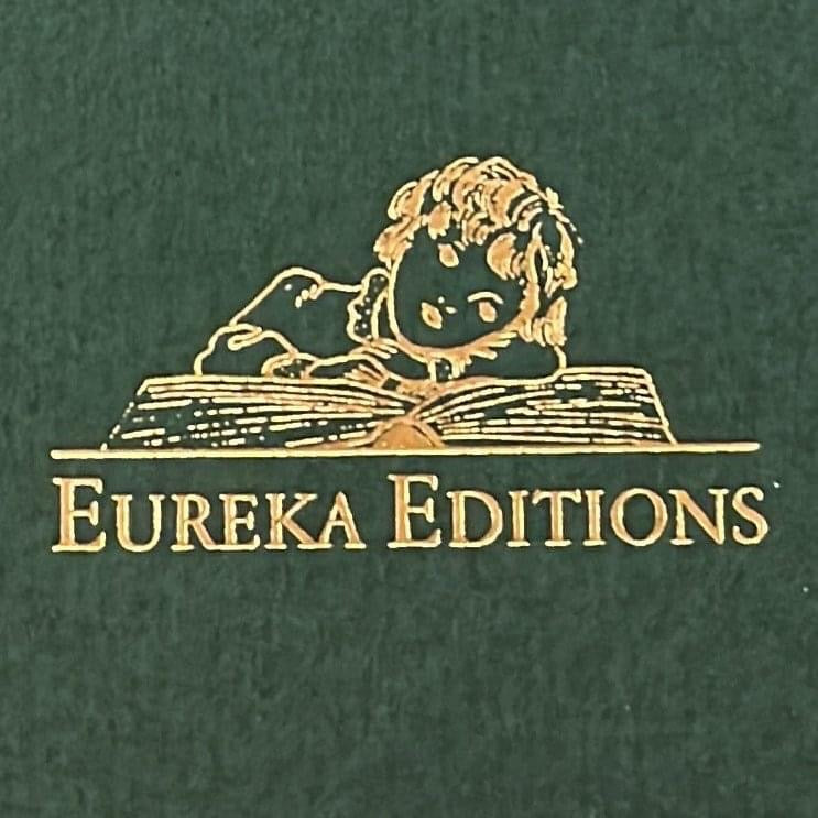 logo of eureka editions, publishing house of fourth way books. The logo is a girl with her head sideways on a open book, drawn in gilded gold on a green thick paper