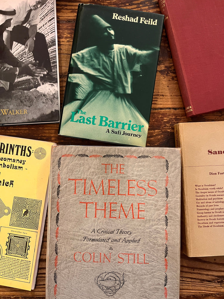 different books viewed from above, lying on a wooden surface 