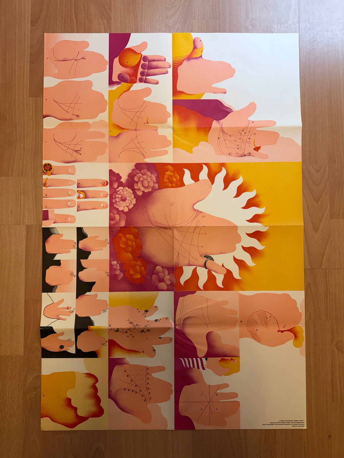 Fodable map designed by Roland Gfeller-Corthésy in the complete set of 'Simmen's Portfolio No. 1: Die glückliche Hand' on a wooden background 