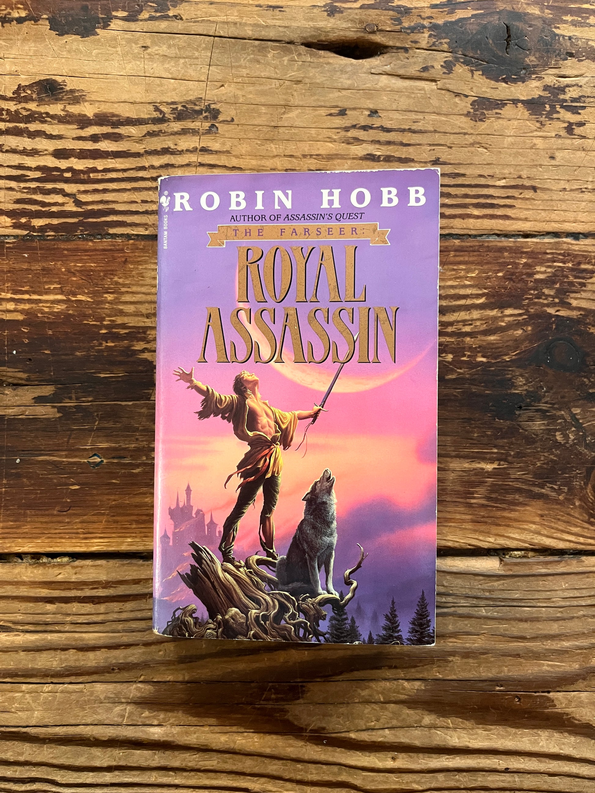 Front cover of a book titled 'Royal Assassin' by Robin Hobb on a wooden surface 