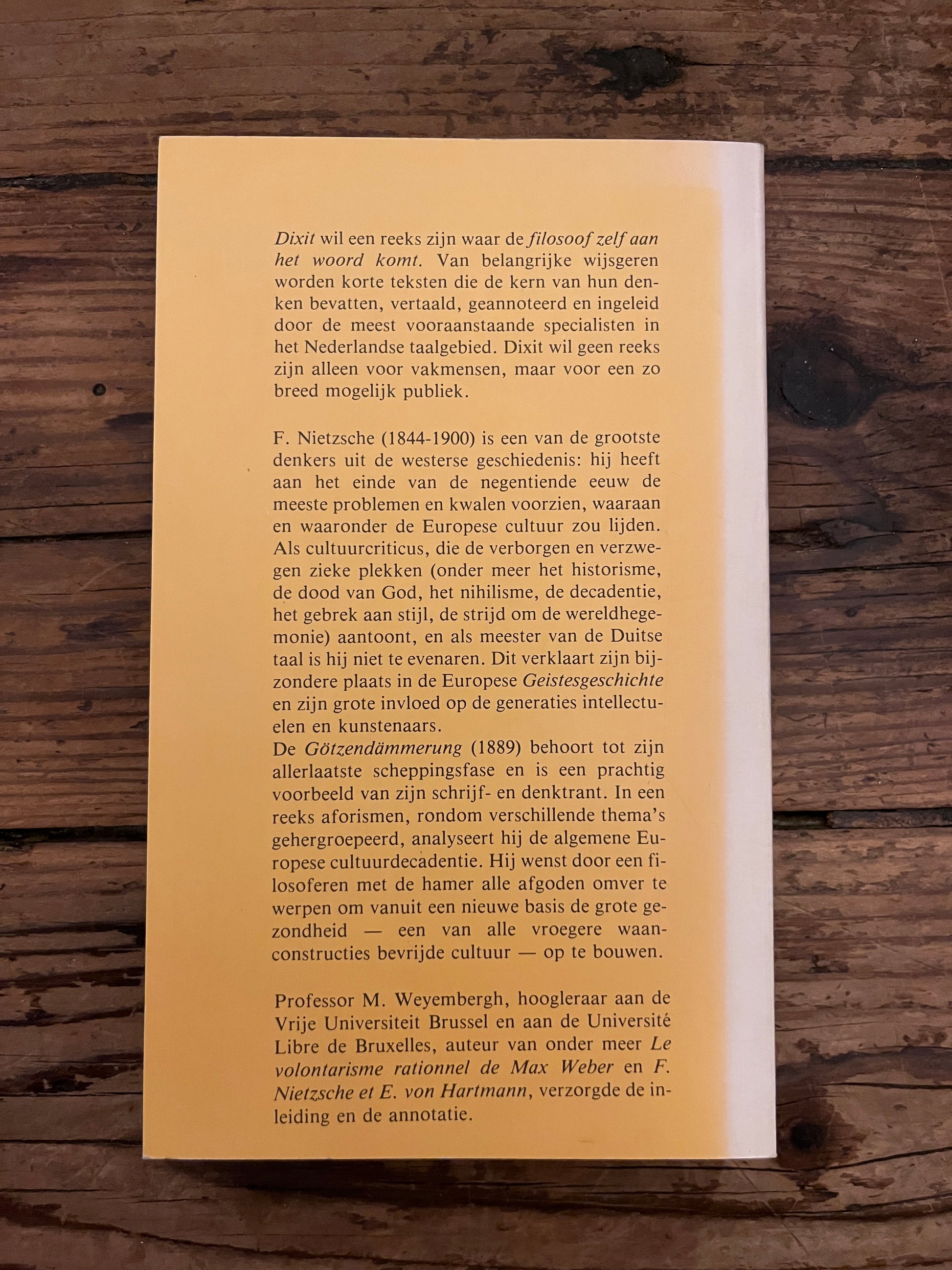 foto van de backcover van het boek "afgodenschermering"op houten achtergrond