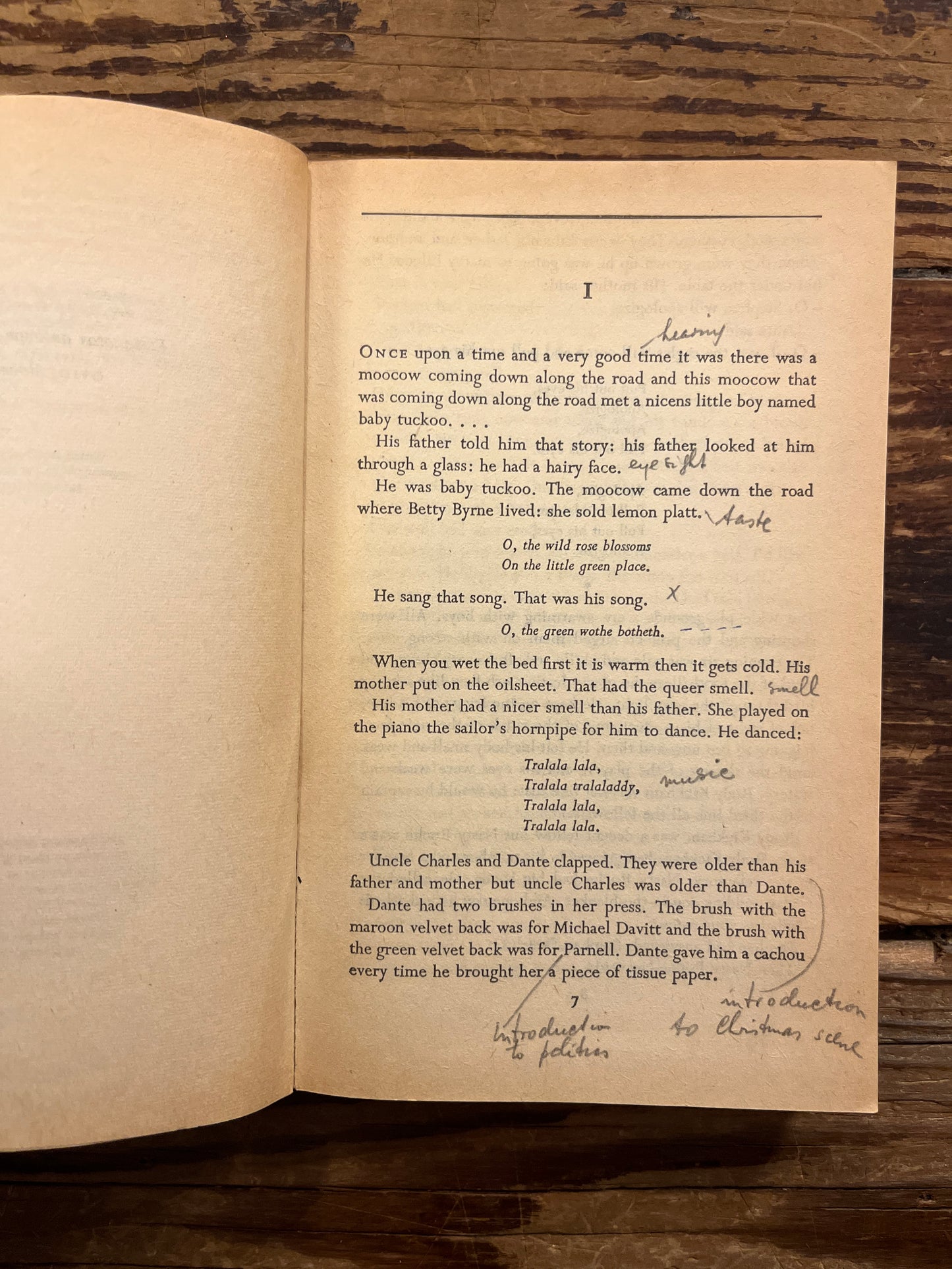 Open book titled 'A Portrait of the Artist as a Young Man' by James Joyce on a wooden surface