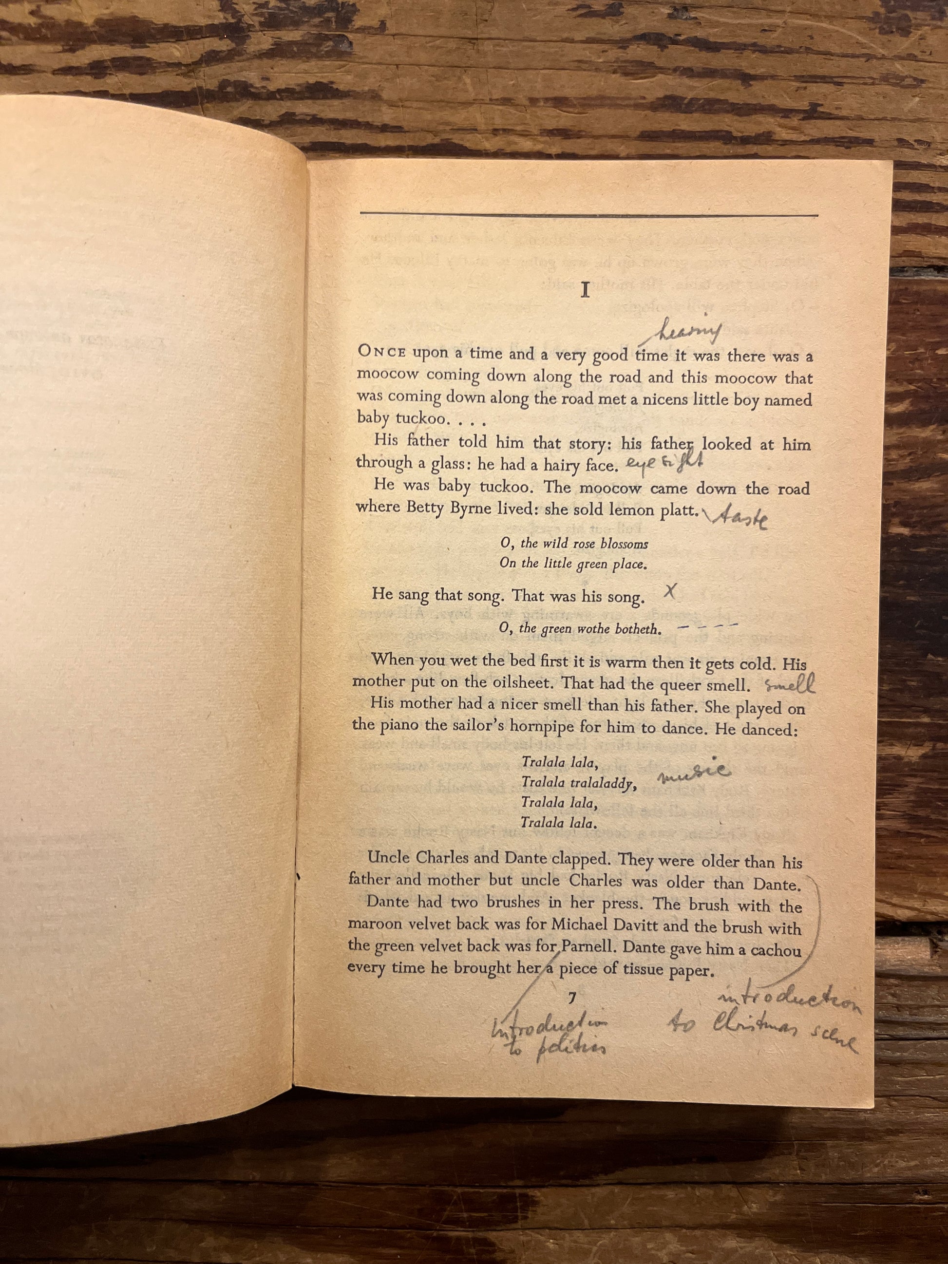 Open book titled 'A Portrait of the Artist as a Young Man' by James Joyce on a wooden surface