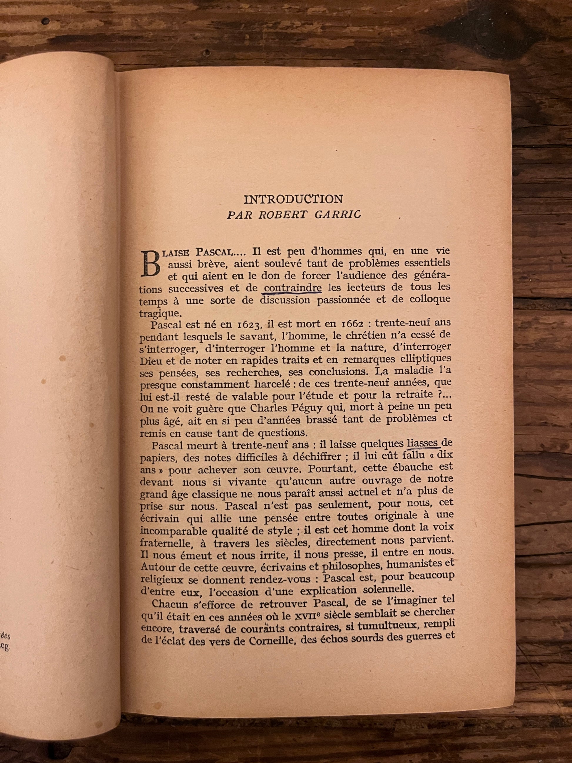 photo d'une page du livre "pensees" sur fond de bois. On y vot qu'un mot y est souligne.