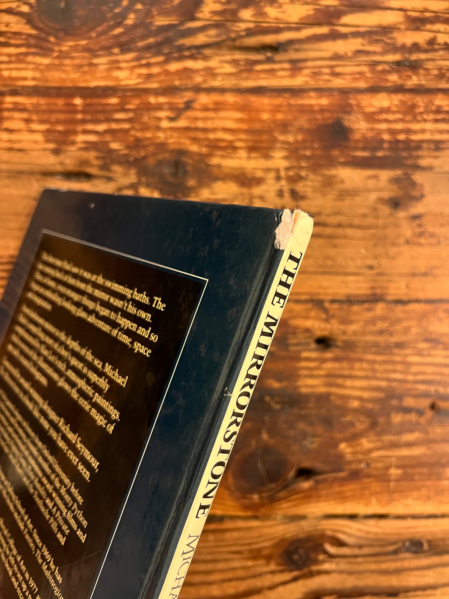 Book titled 'The Mirrorstone' on a wooden surface showing a damaged spine