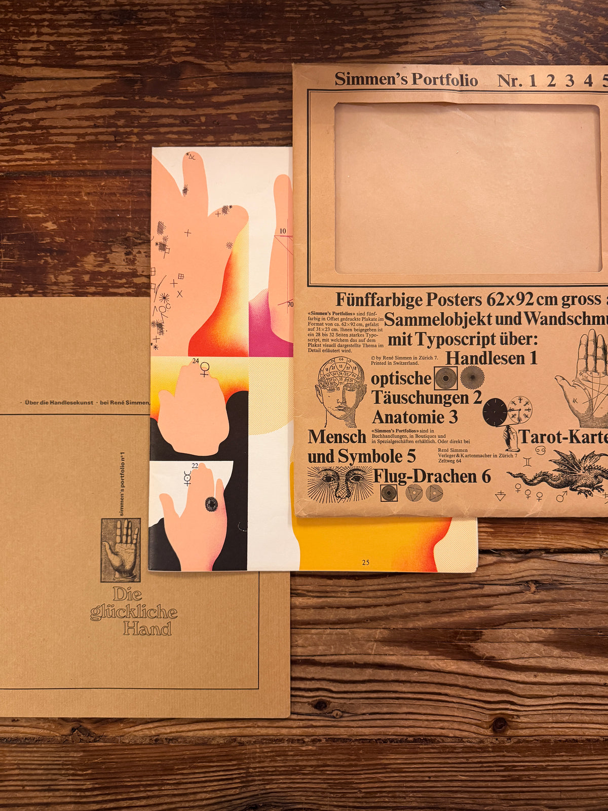 Front cover of the graphic enveloppe, the map and the paperback of 'Simmen's Portfolio No. 1: Die glückliche Hand' on a wooden background 