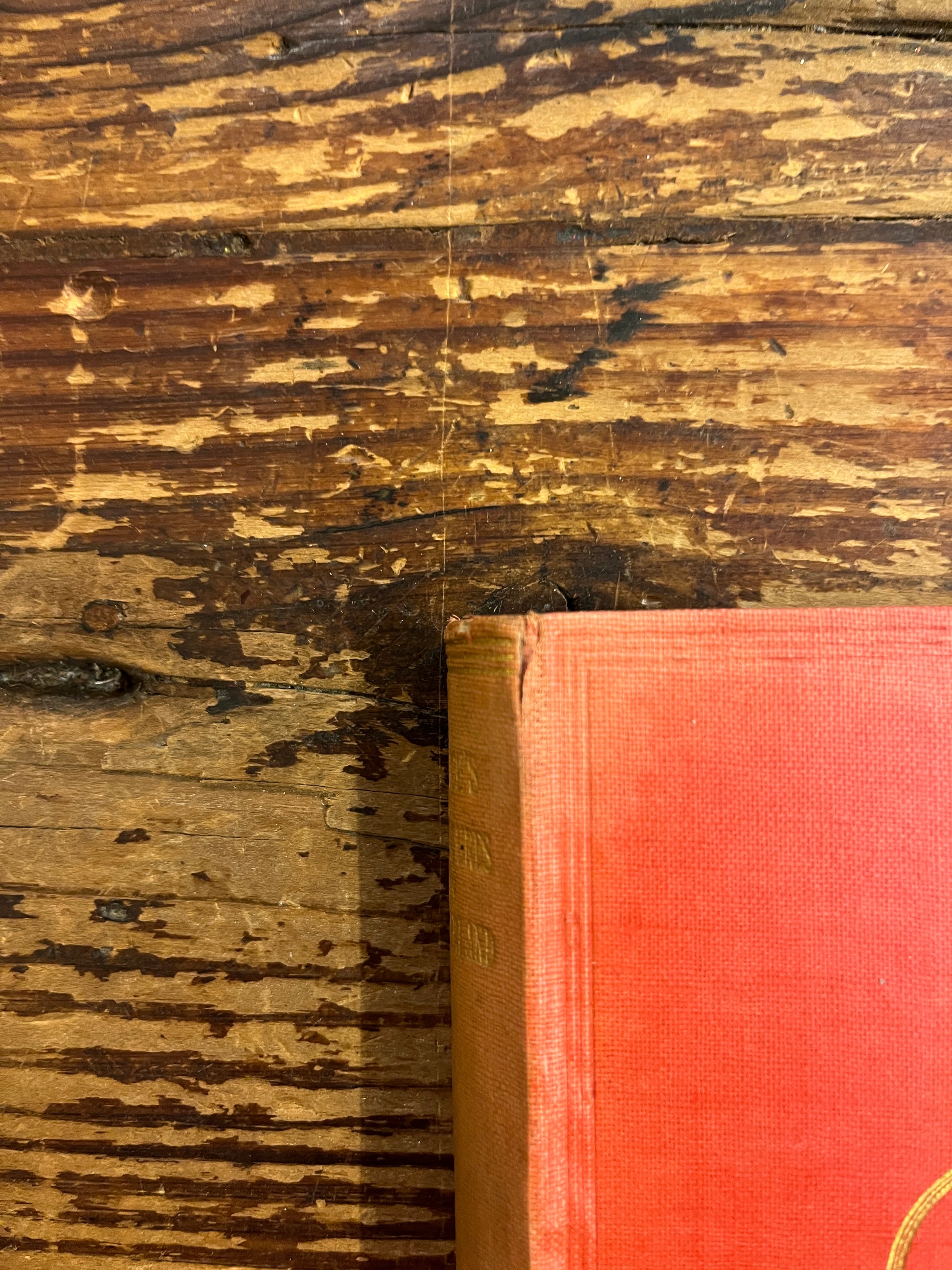 top of spine showing a tiny surface tear of a 1922 macmillan & co miniature edition of 'Alice's adventures in wonderland' by Lewis Carroll on a wooden surface