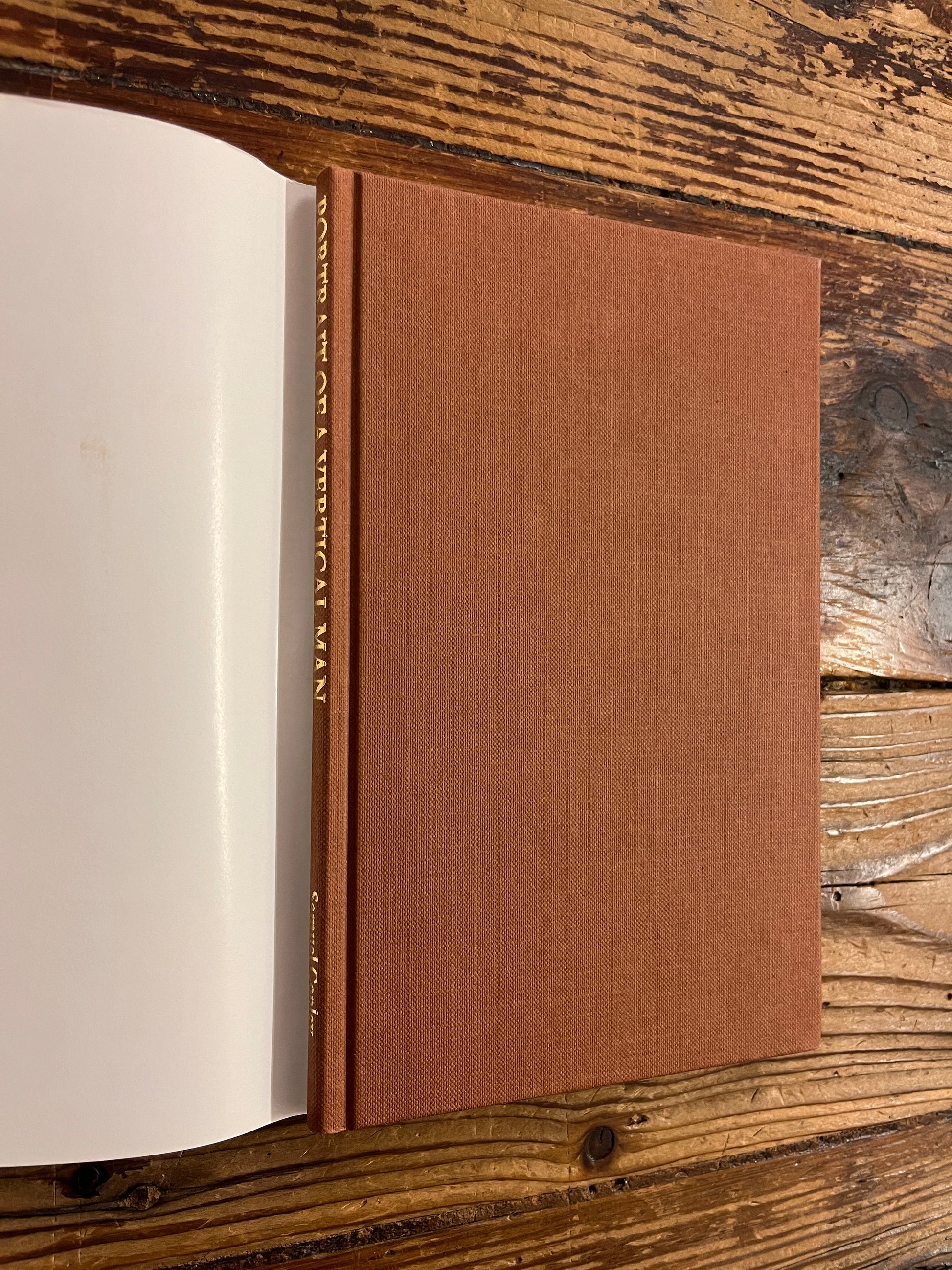 Book titled 'Portrait of a Vertical Man' without dust jacket on a wooden surface