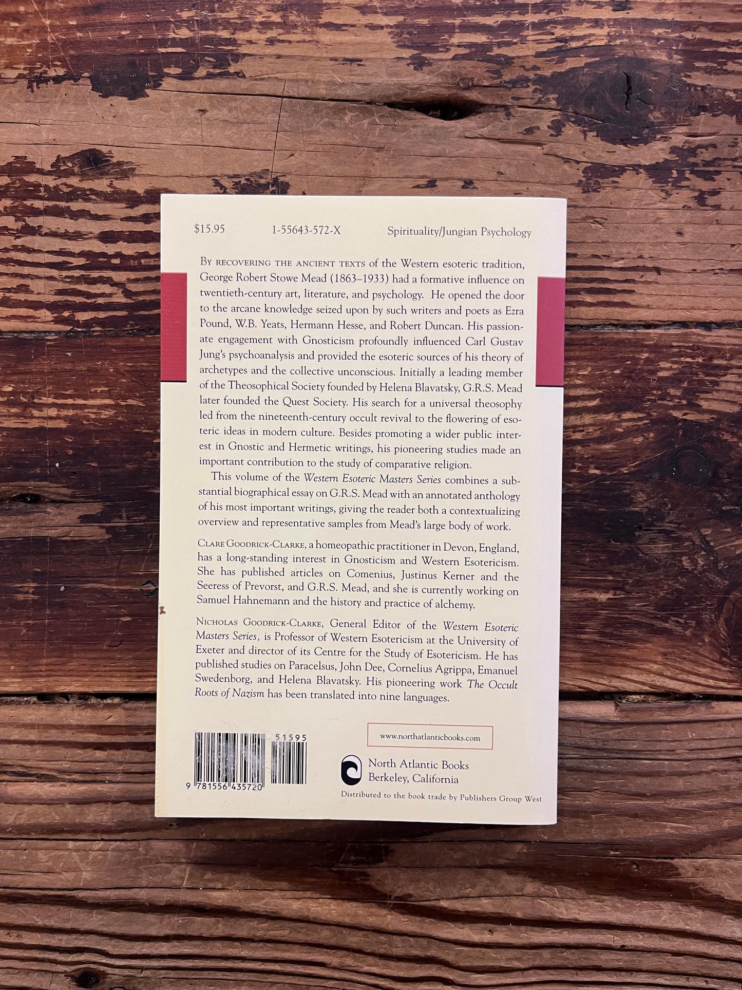 Back cover of book with the title 'G.R.S. Mead and the Gnostic quest' by Clare Goodrick-Clarke on a wooden surface 