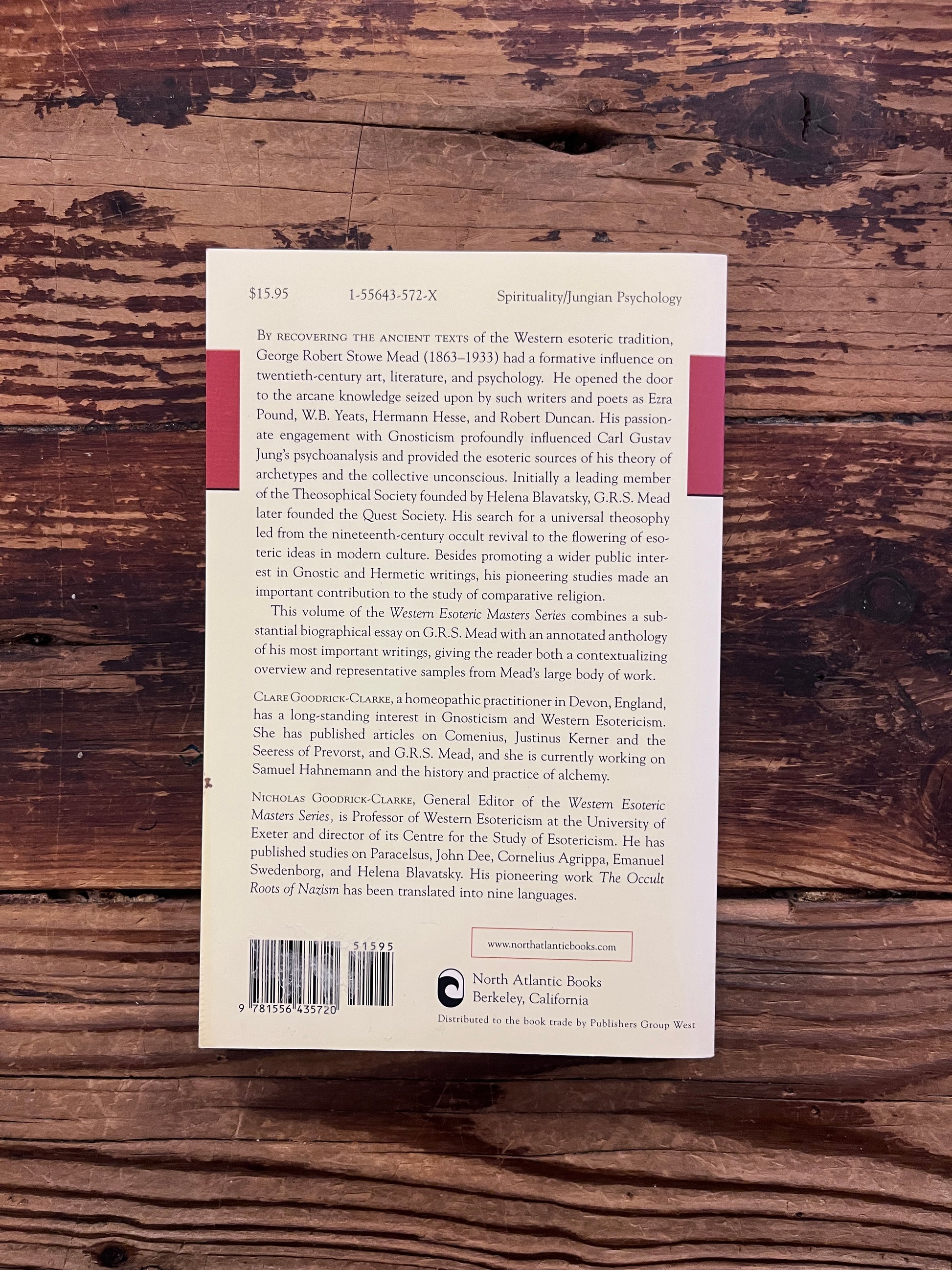 Back cover of book with the title 'G.R.S. Mead and the Gnostic quest' by Clare Goodrick-Clarke on a wooden surface 