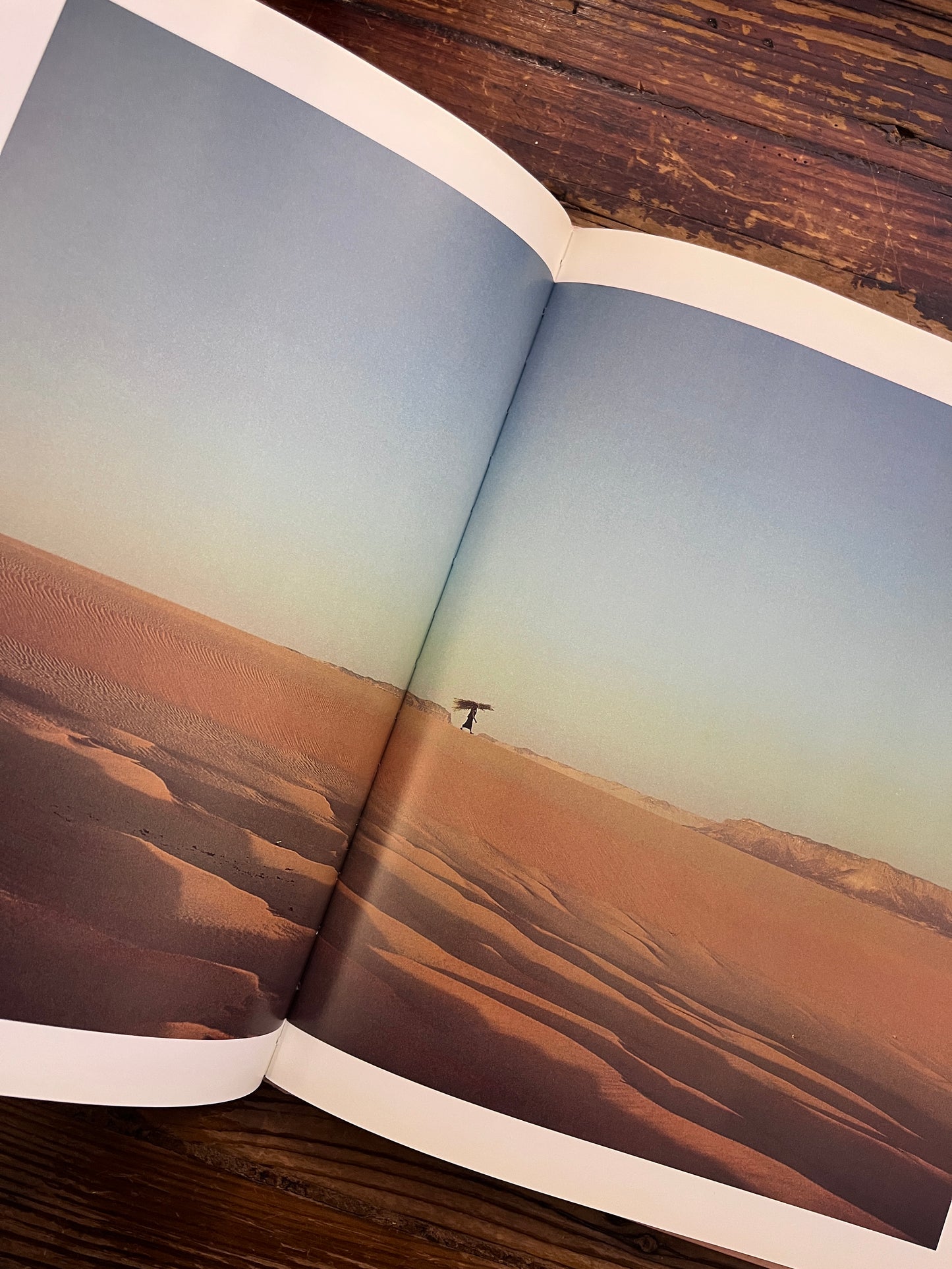 Open book titled 'Sahara: The Forbidding Sands' by Jean-Marc Durou on a wooden surface