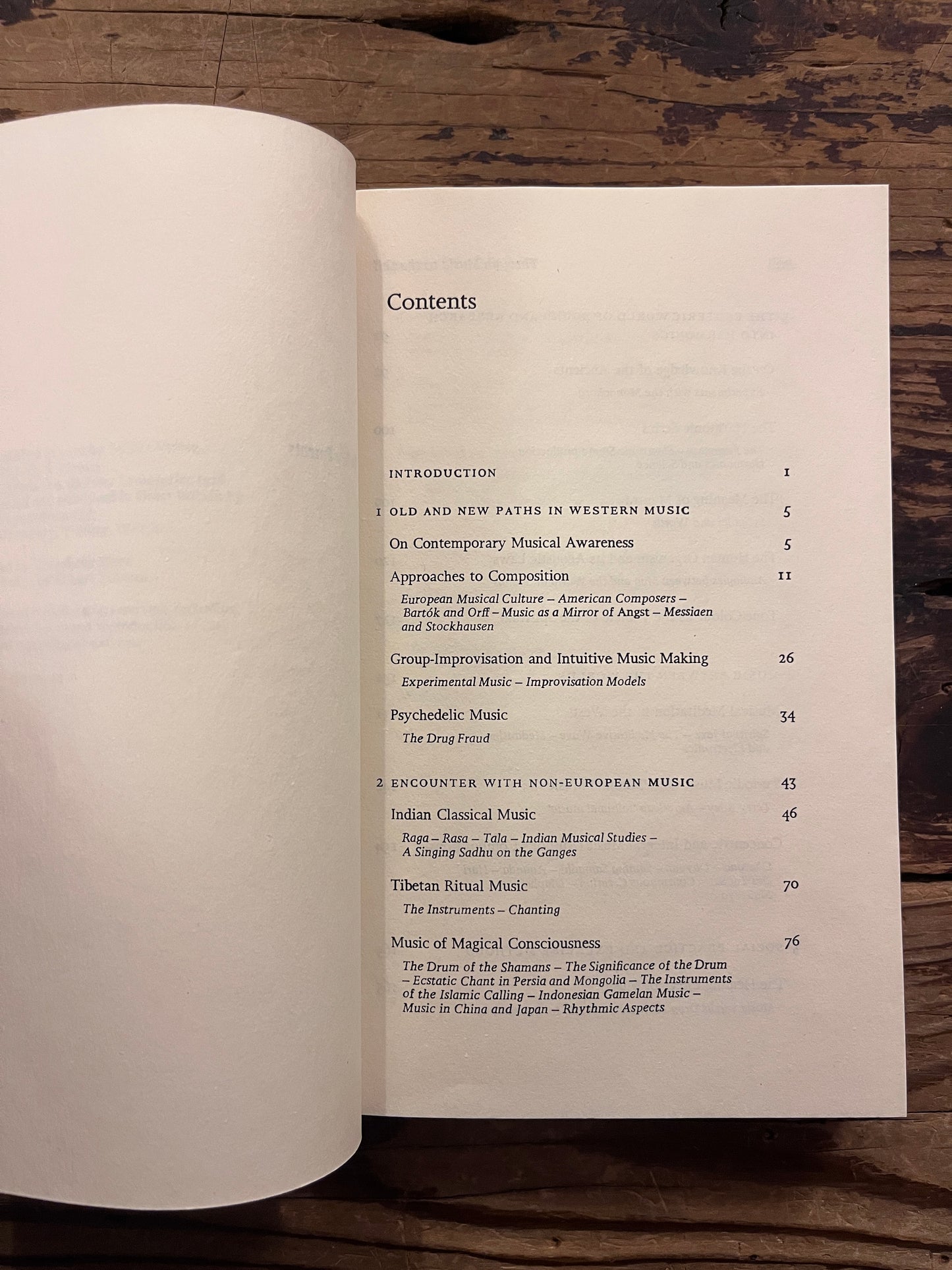 Book titled 'Through Music to the Self' by Peter Michael Hamel on a wooden surface