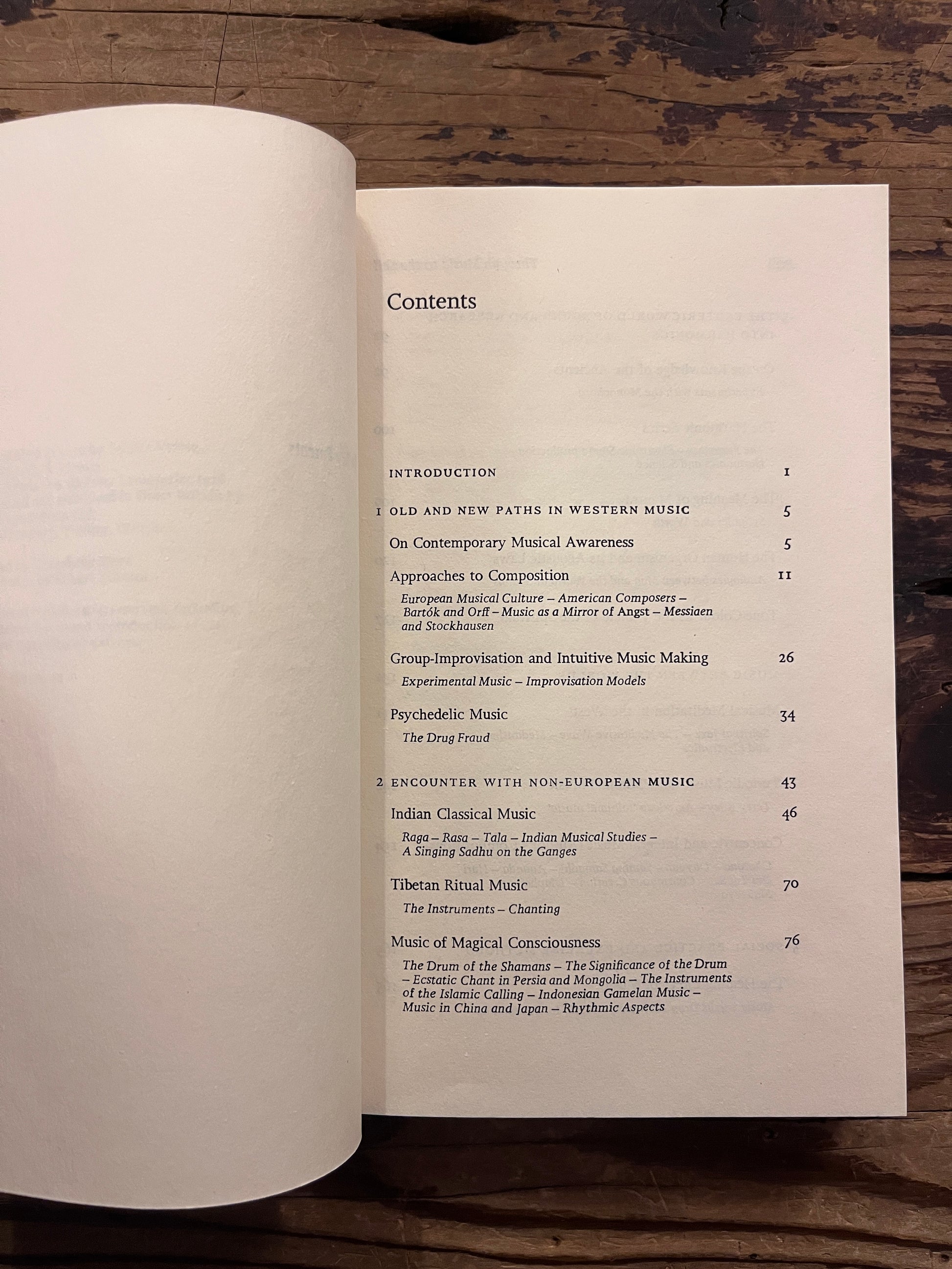 Book titled 'Through Music to the Self' by Peter Michael Hamel on a wooden surface