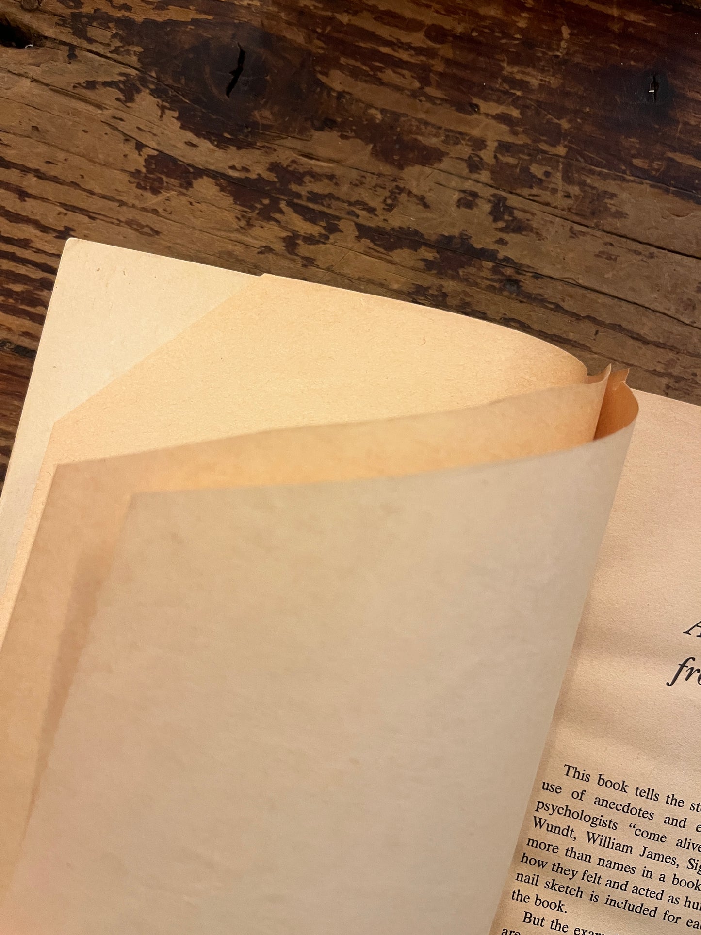 Clipped pages of book titled 'the story of psychology'  by Frank J. Bruno on a wooden surface 