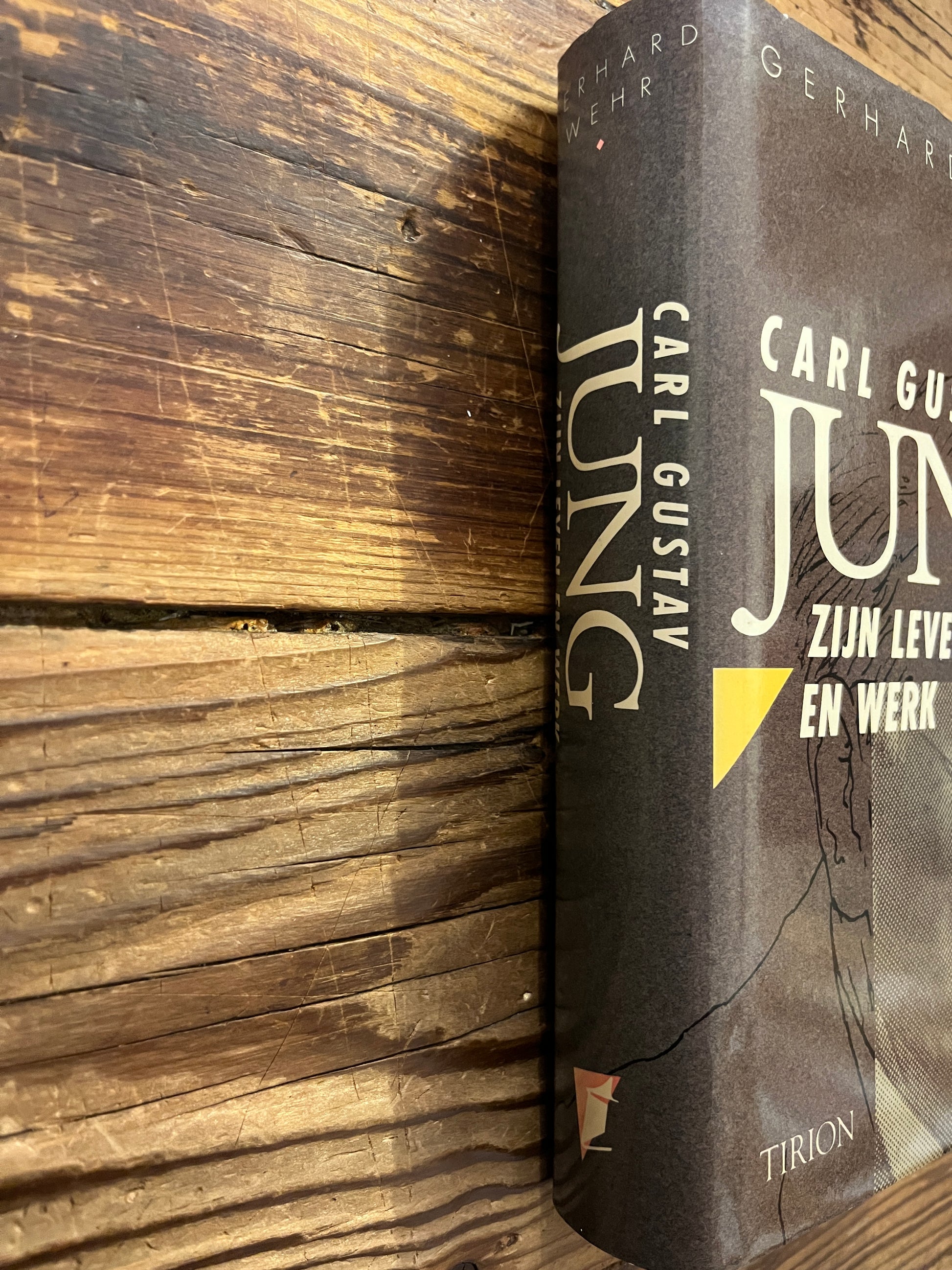 Rug van boek met de titel 'Carl Gustav Jung, zijn leven en Werk' op een houten achtergrond 