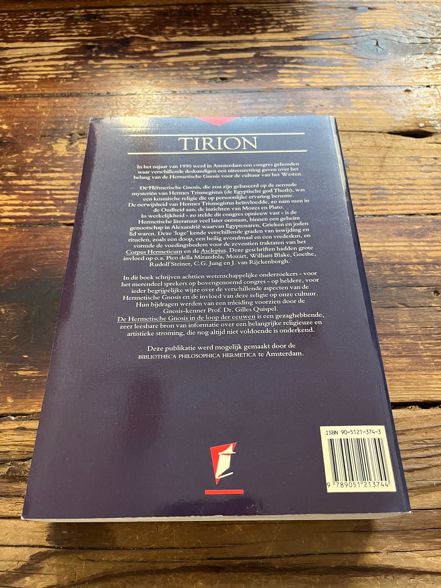 Achterkant van boek met de titel 'De Hermetische Gnosis in de loop der eeuwen' redactie door Prof. Dr. C. Quispel 