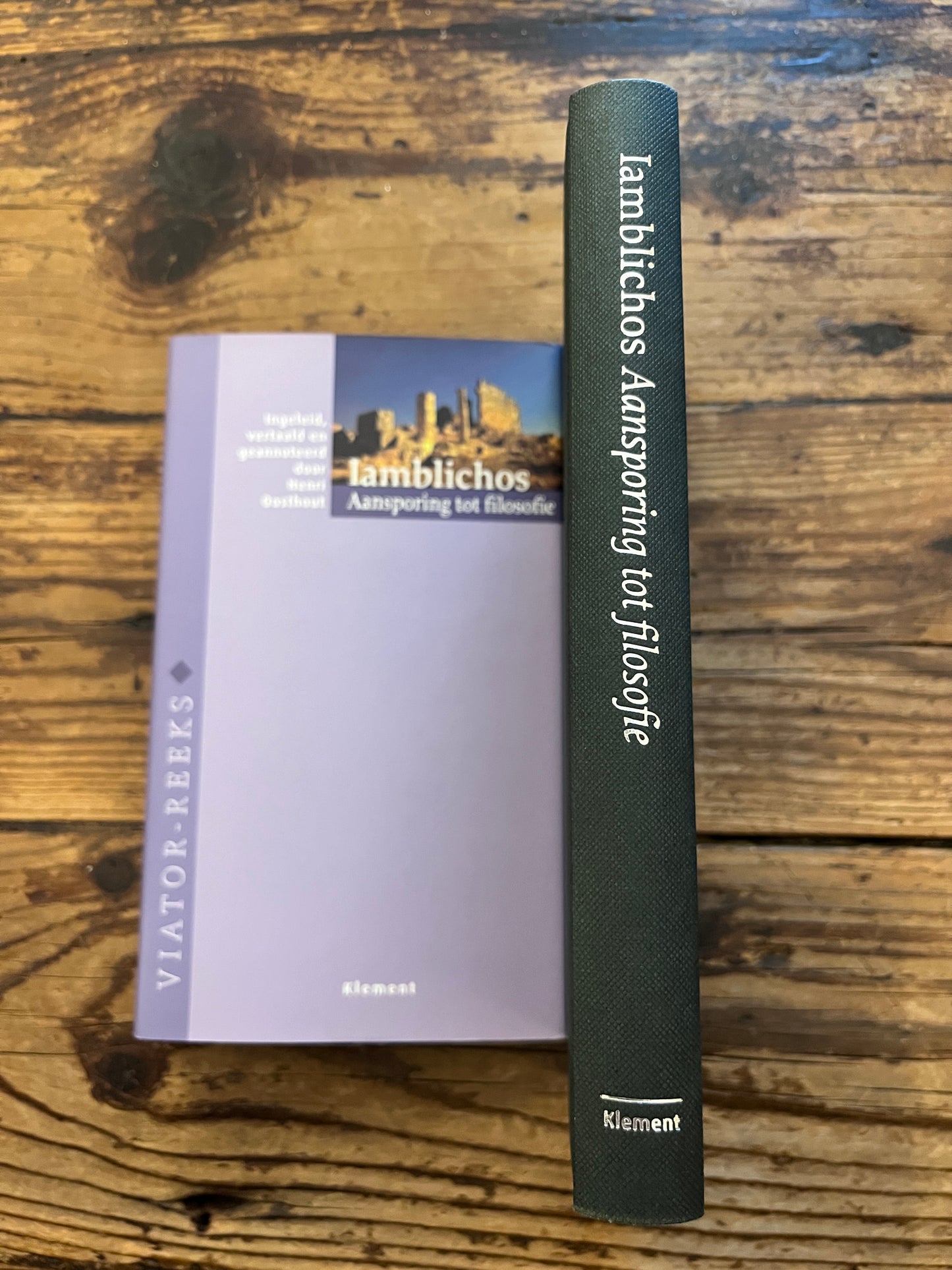 foto van de rug zonder stofomslag van het boek "aansporing tot filosofie" op houten achtergrond