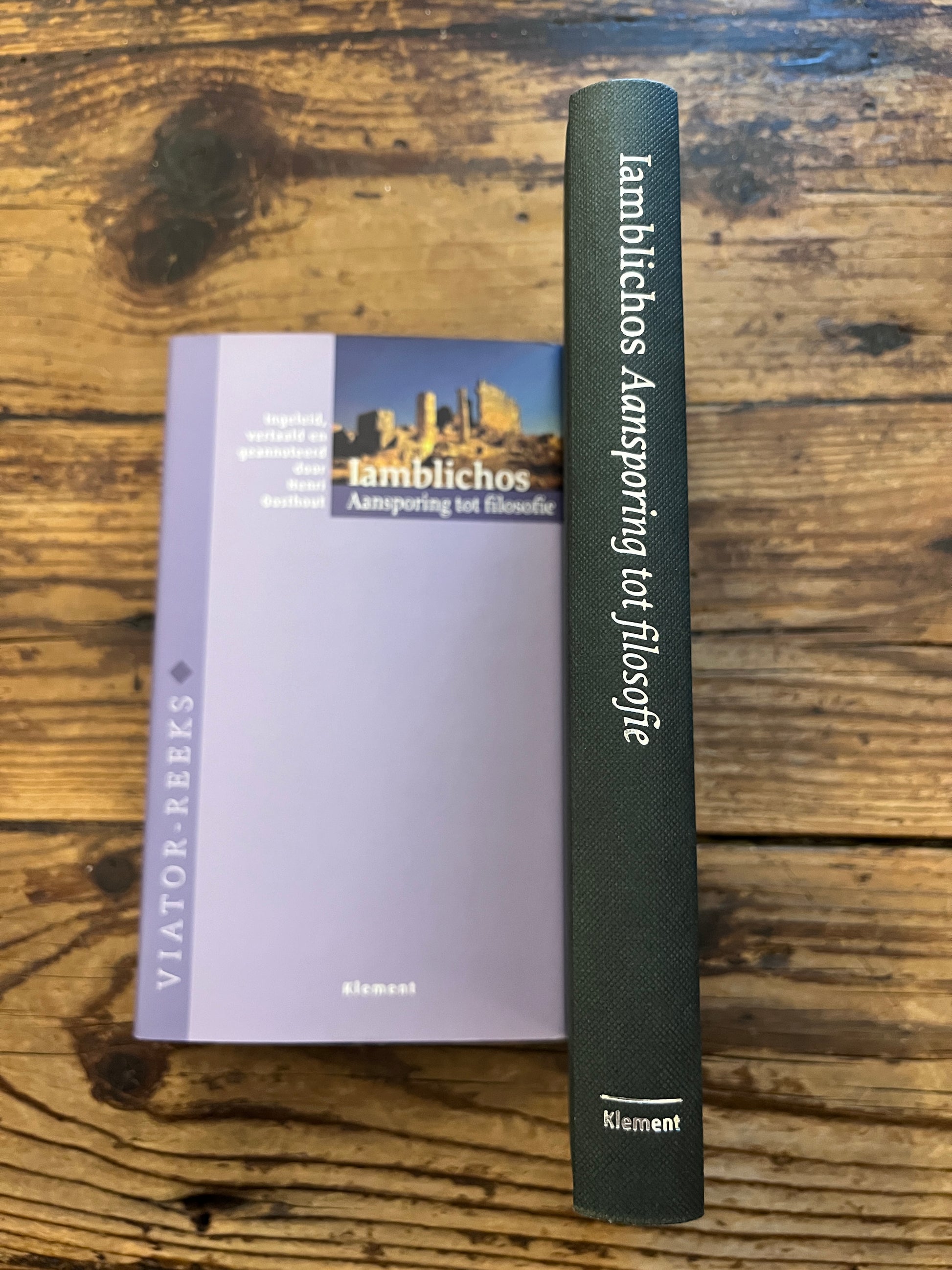foto van de rug zonder stofomslag van het boek "aansporing tot filosofie" op houten achtergrond