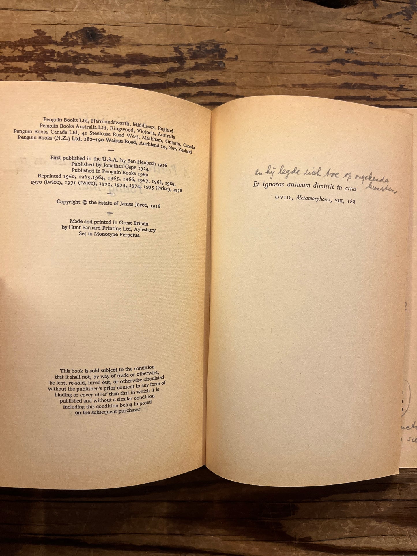 Open book titled 'A Portrait of the Artist as a Young Man' by James Joyce on a wooden surface