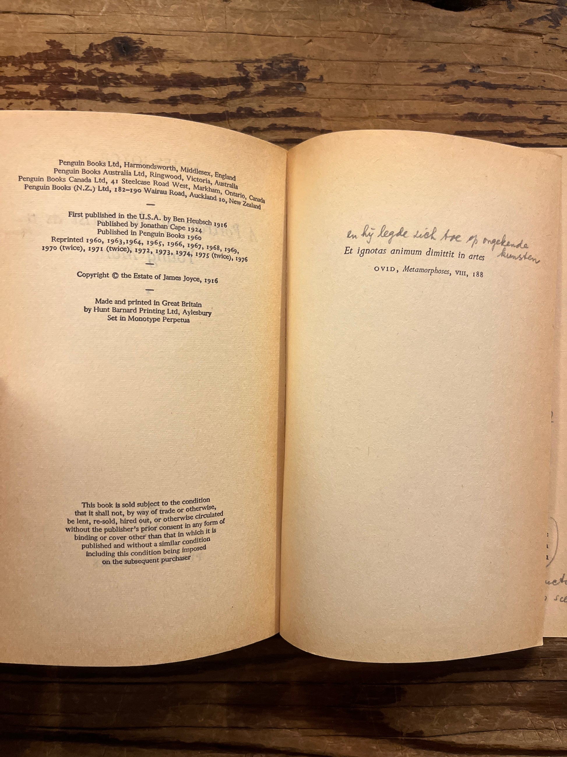 Open book titled 'A Portrait of the Artist as a Young Man' by James Joyce on a wooden surface
