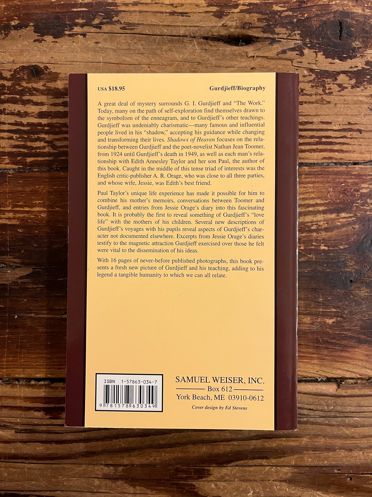 Back cover of book titled 'Shadows of Heaven Gurdjieff and Toomer' by Paul Beekman Taylor on a wooden surface