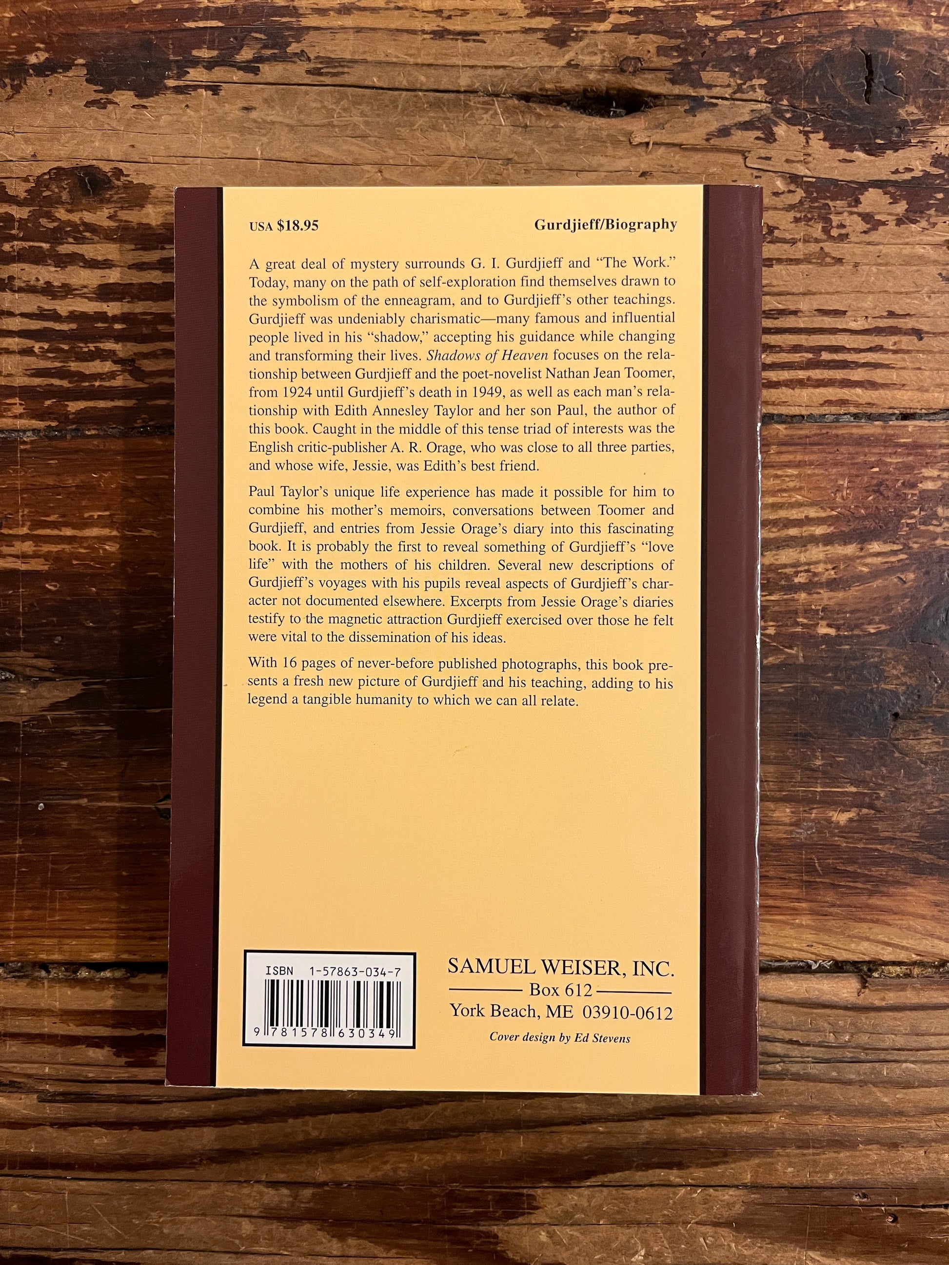 Back cover of book titled 'Shadows of Heaven Gurdjieff and Toomer' by Paul Beekman Taylor on a wooden surface