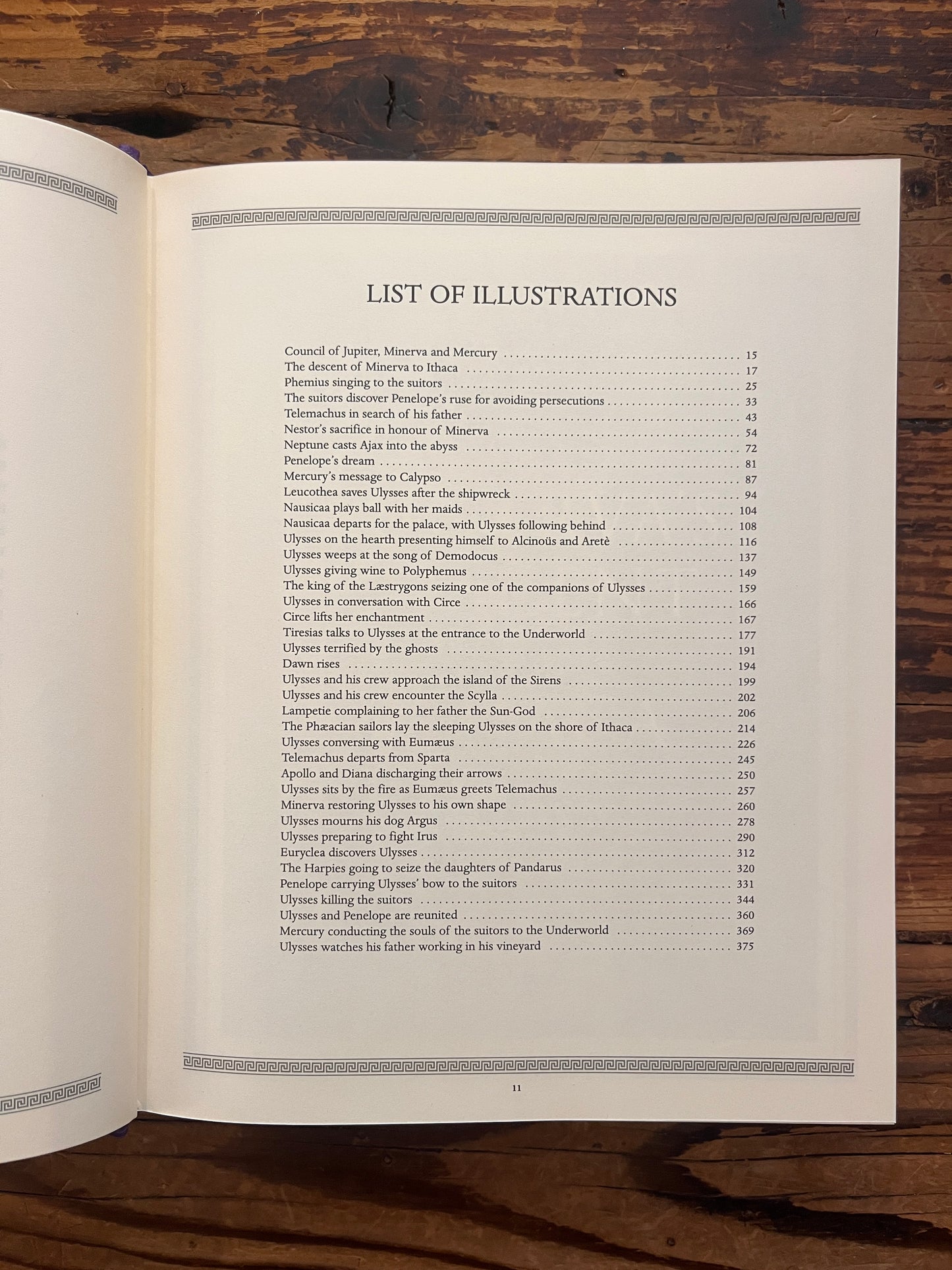 Open book titled 'The Odyssey' by Homer and translated by A. Pope on a wooden surface showing the list of illustrations 
