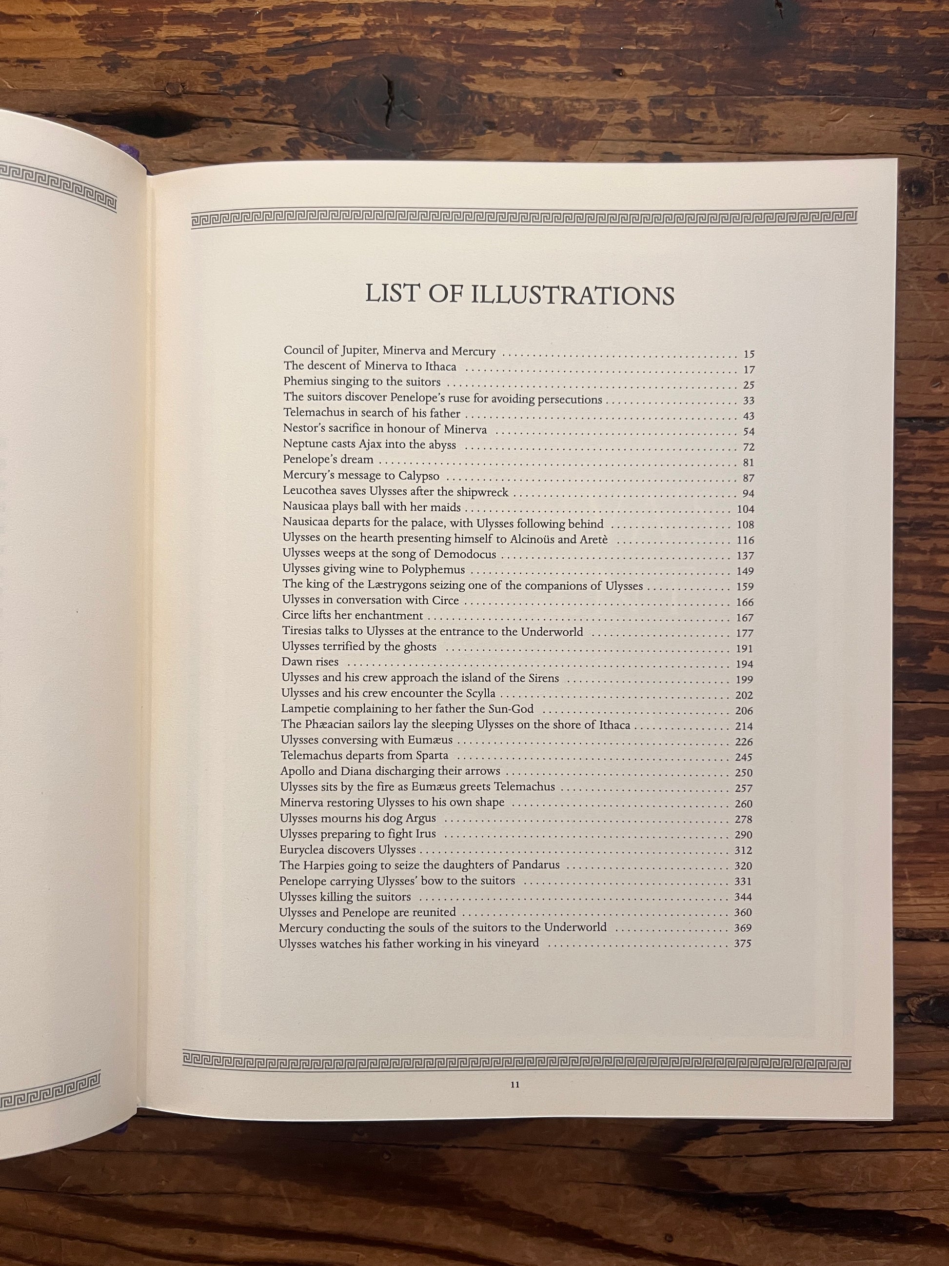 Open book titled 'The Odyssey' by Homer and translated by A. Pope on a wooden surface showing the list of illustrations 
