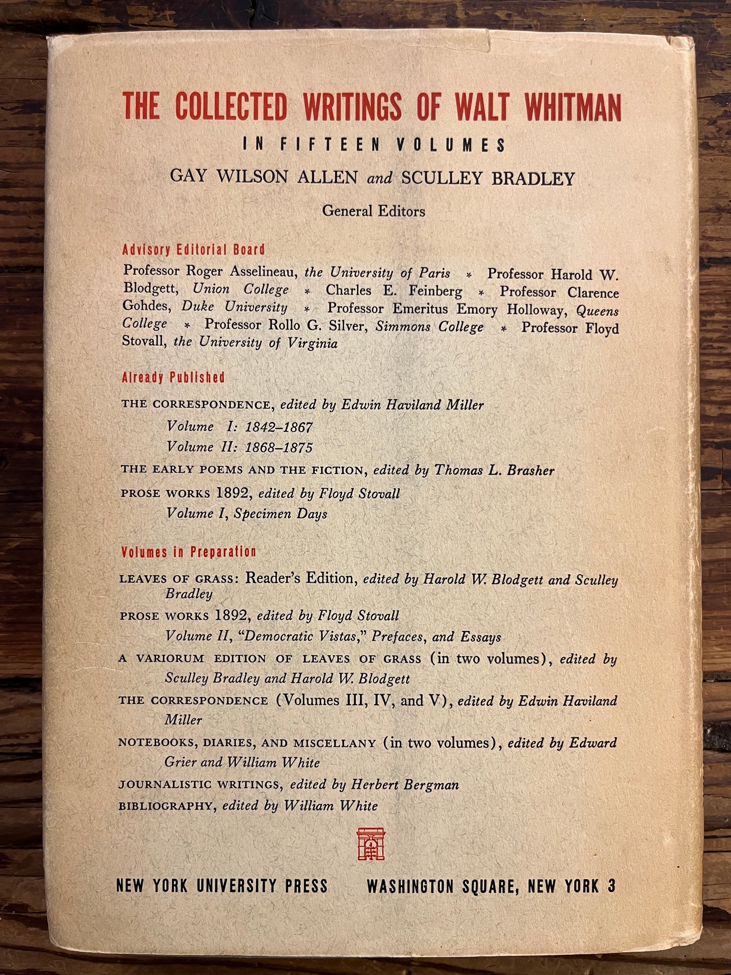 The Early poems and the fiction, the collected writings of Walt Whitman, Thomas L. Brasher